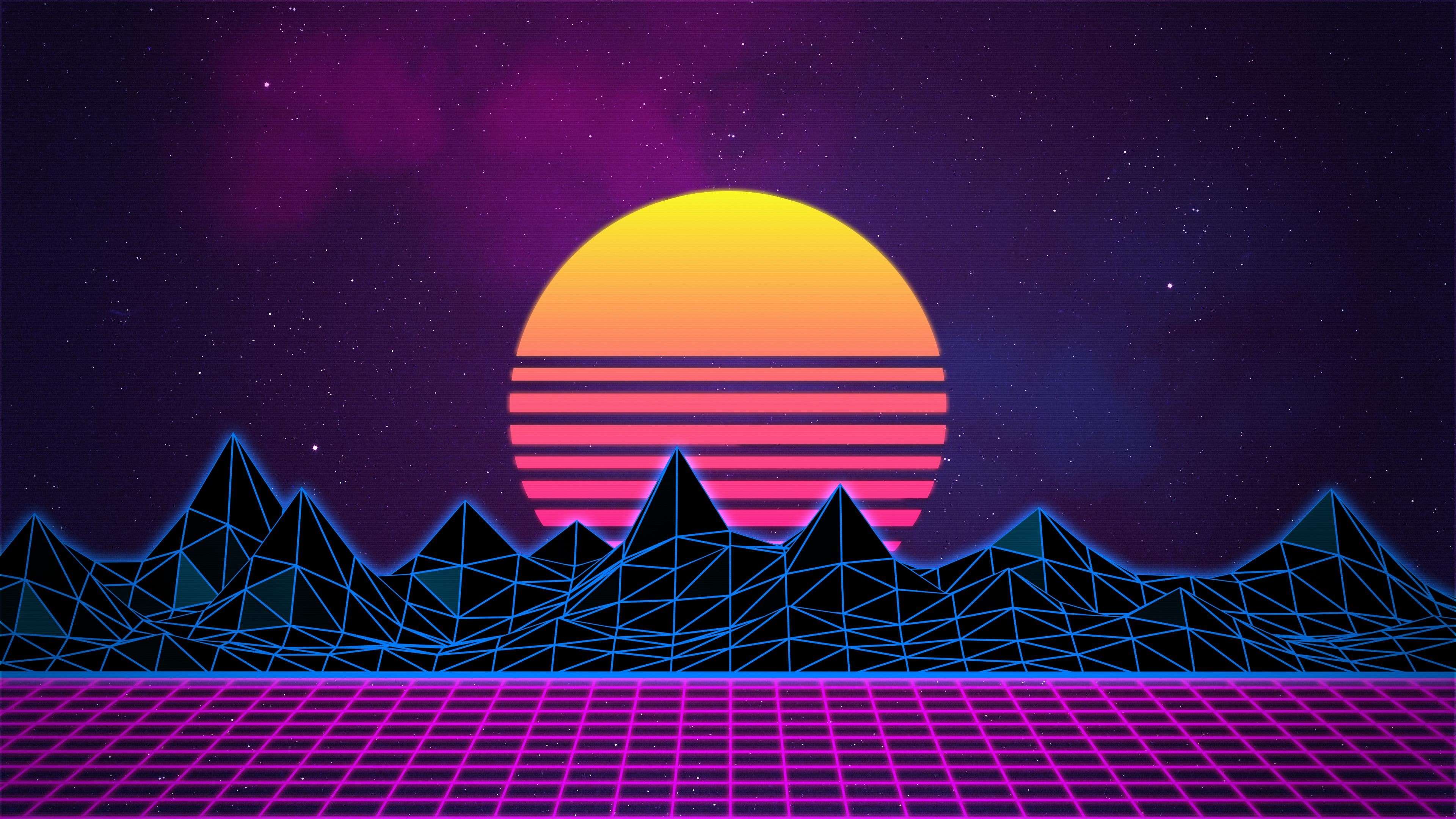 arts culture and entertainment, space, 4K, vaporwave, travel destinations, illuminated, outdoors, purple, scenics - nature, nature, pink color, mountains, HD Wallpaper