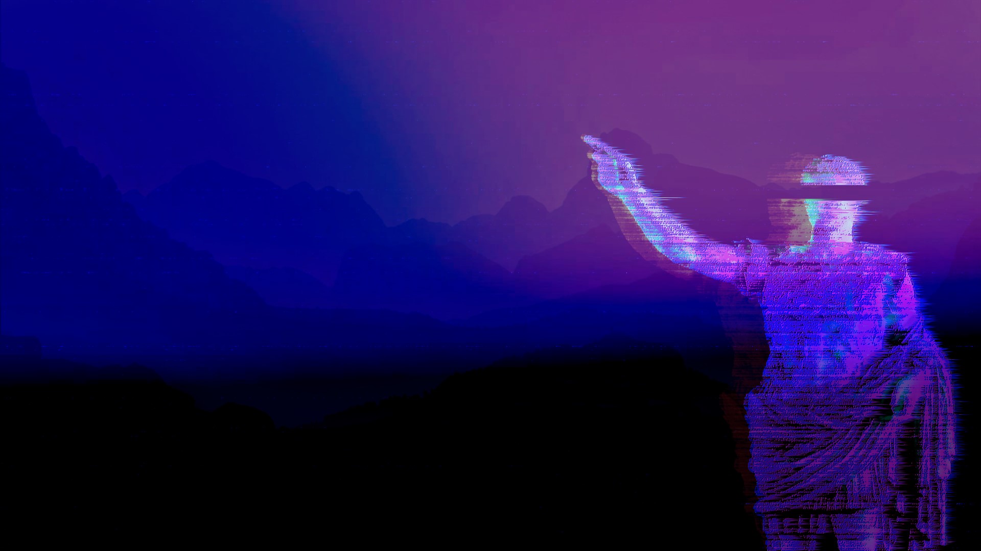 tranquility, landscape, statue, human limb, blue, purple, outdoors, silhouette, vaporwave, limb, night, 1080P, arms raised, body part, one person, sky, HD Wallpaper