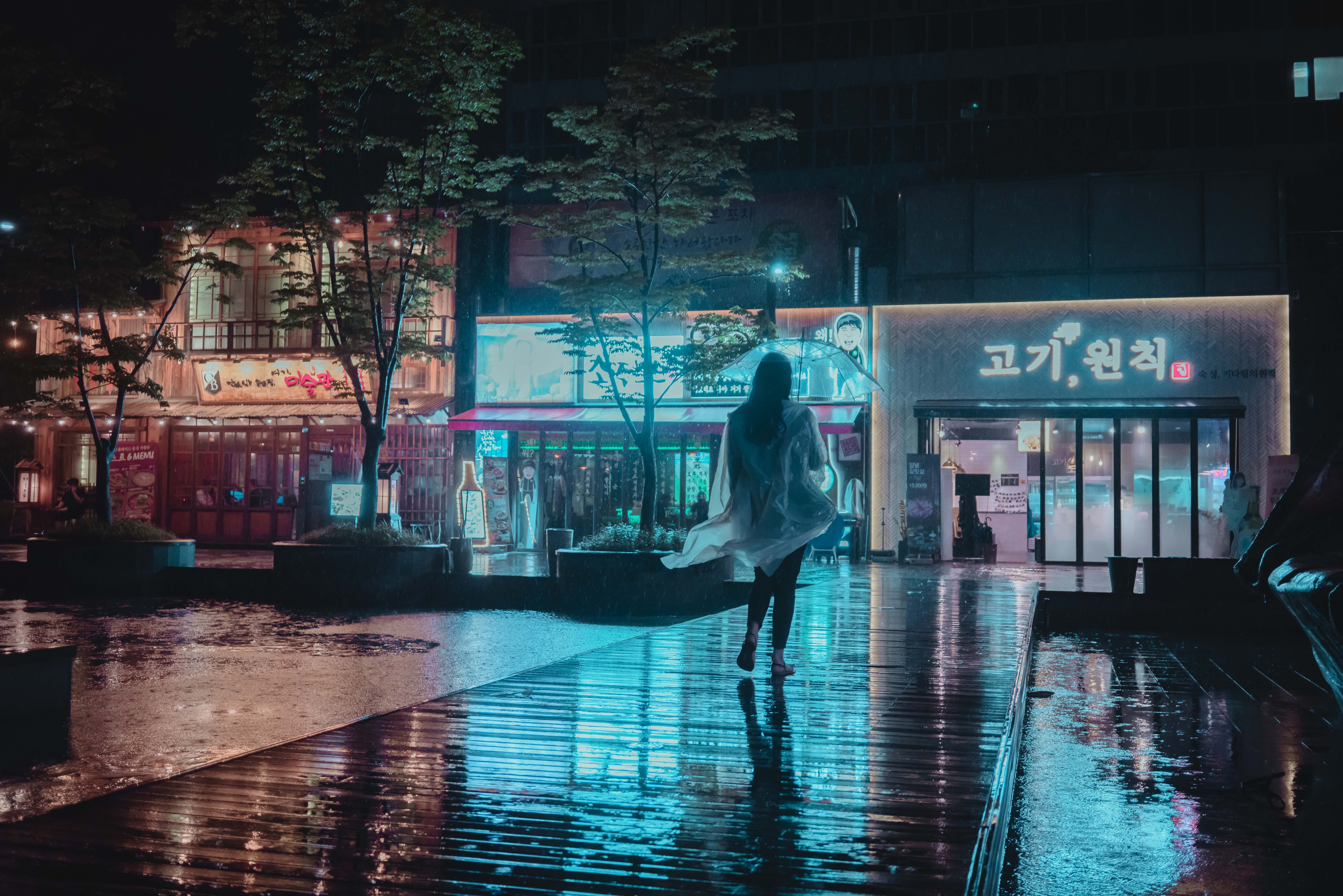 blue, woman, cyberpunk, storm, pink, girl, lifestyles, umbrella, street, tree, raincoat, outrun, real people, reflection, rain, clothing, s, water, one person, HD Wallpaper