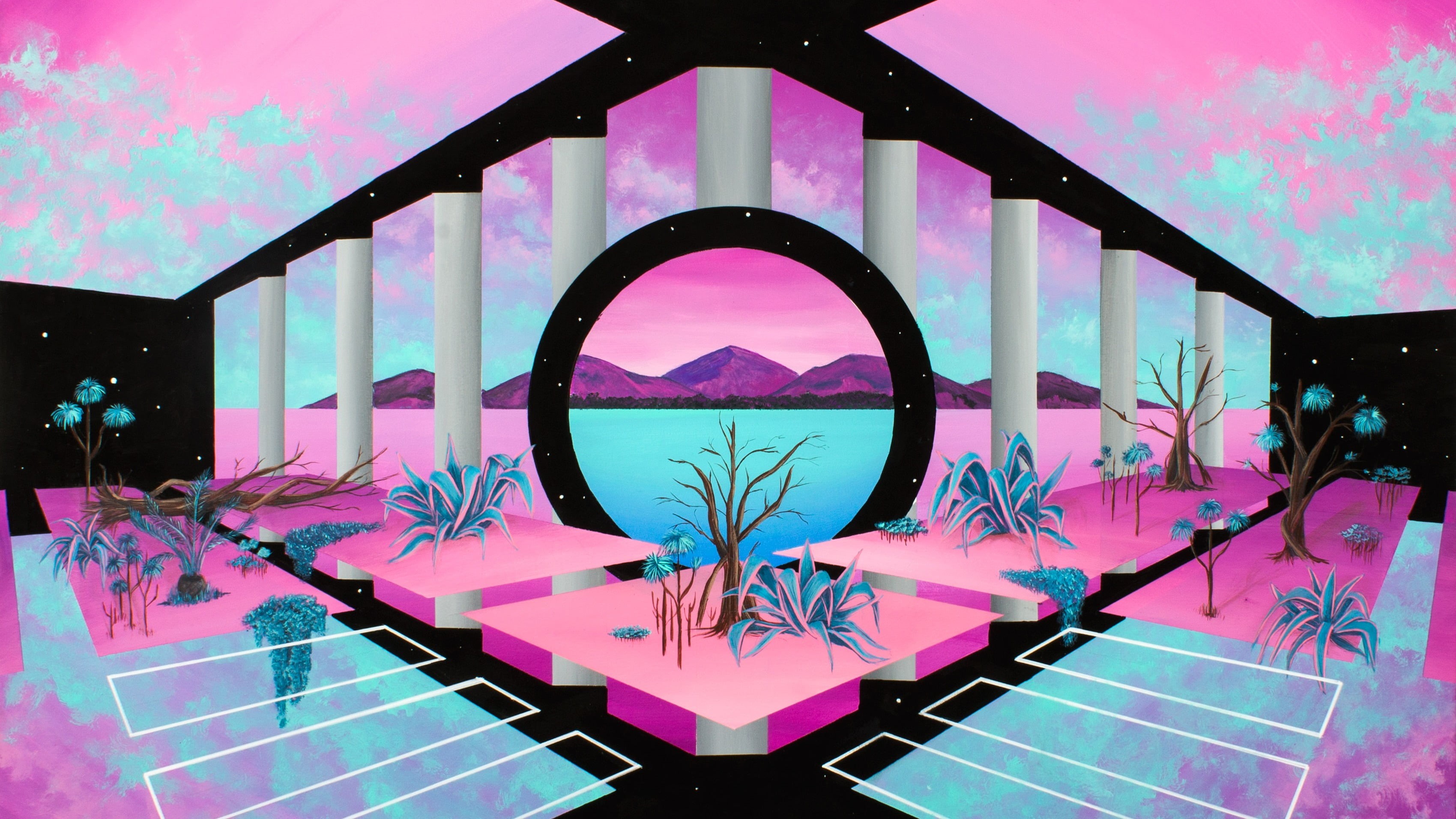 architecture, pink, geometric shape, no people, close-up, digital composite, 2K, pattern, sky, reflection, tree, abstract, Retrowave, vaporwave, creativity, HD Wallpaper