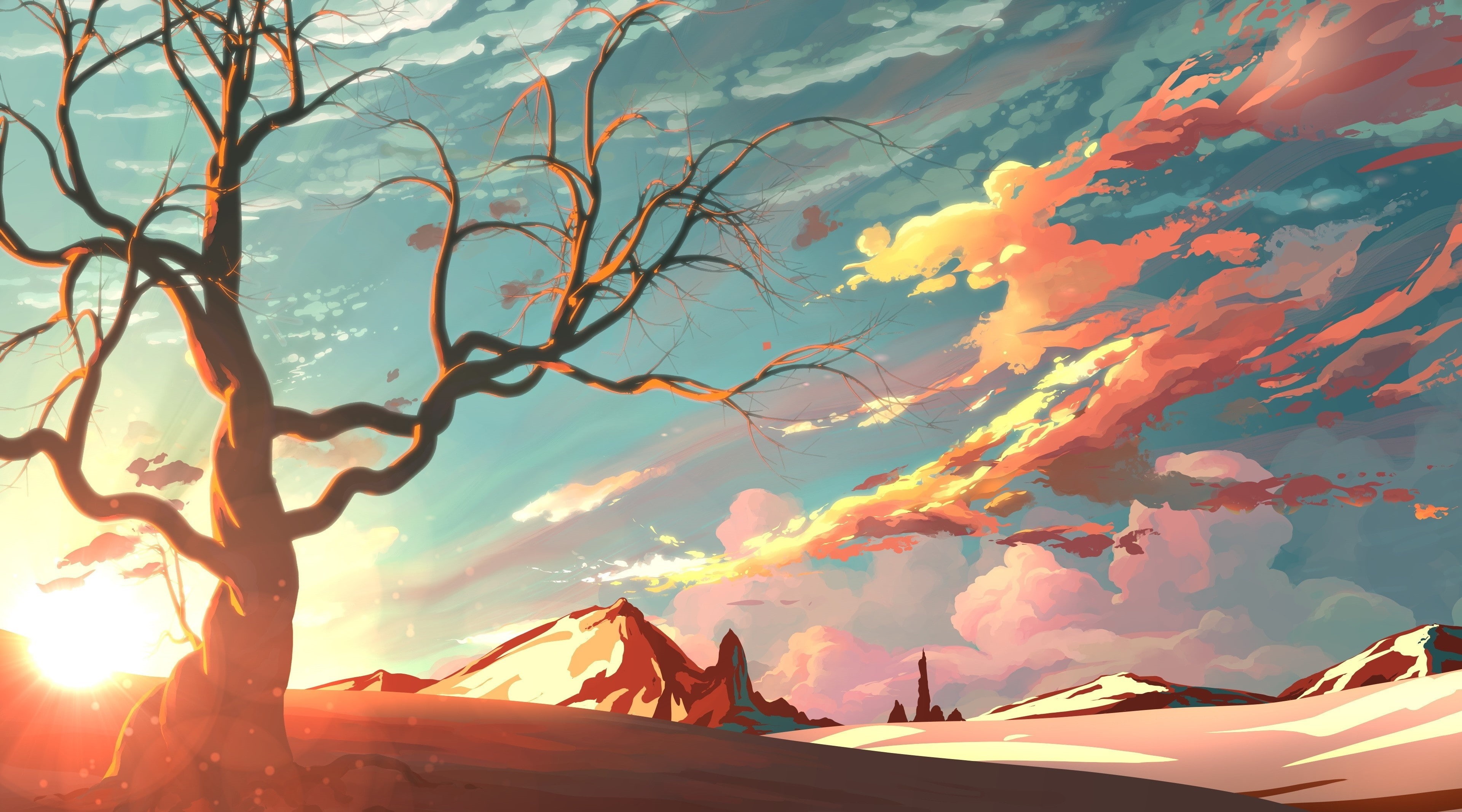 Sunset, 4K, Illustration, digitalart, Sunlight, Mountains, Artwork, Tree, Aero, Vector Art, Landscape, HD Wallpaper