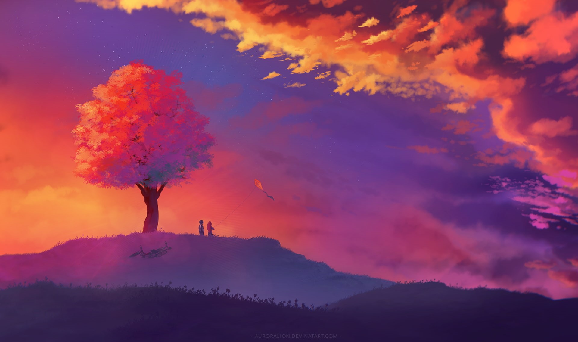 1080P, tree bark, sunset, illustration, landscape, fantasy art, nature, HD Wallpaper