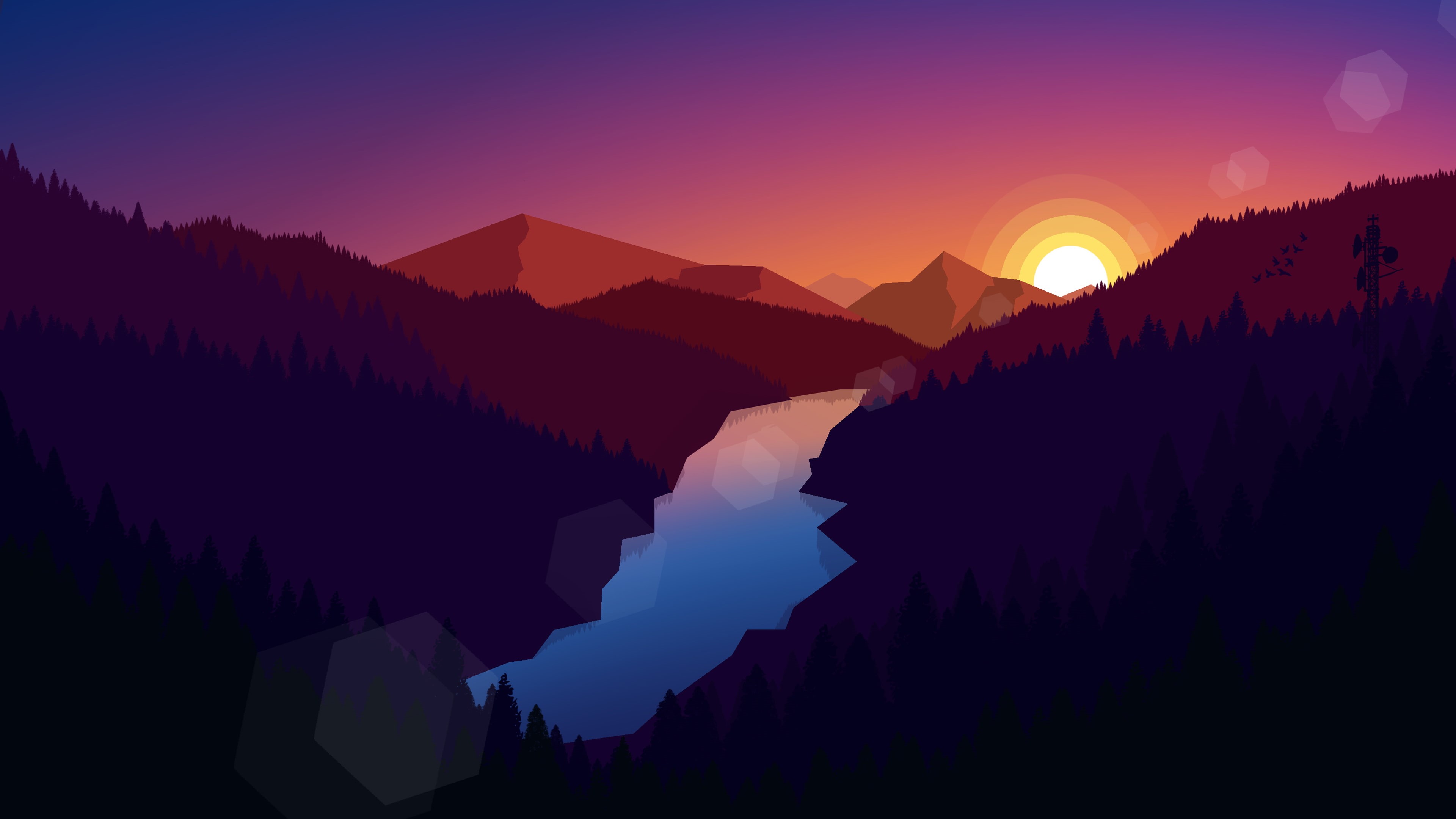4K, nature, digital art, landscape, mountains, illustration, sunset, river, polygon art, HD Wallpaper