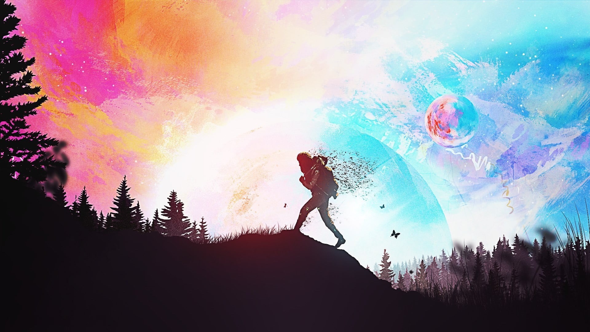silhouette, man, nature, fantasy art, 1080P, motion, forest, full length, low angle view, tree, near, men, fun, illustration, sunset, multi colored, real people, HD Wallpaper