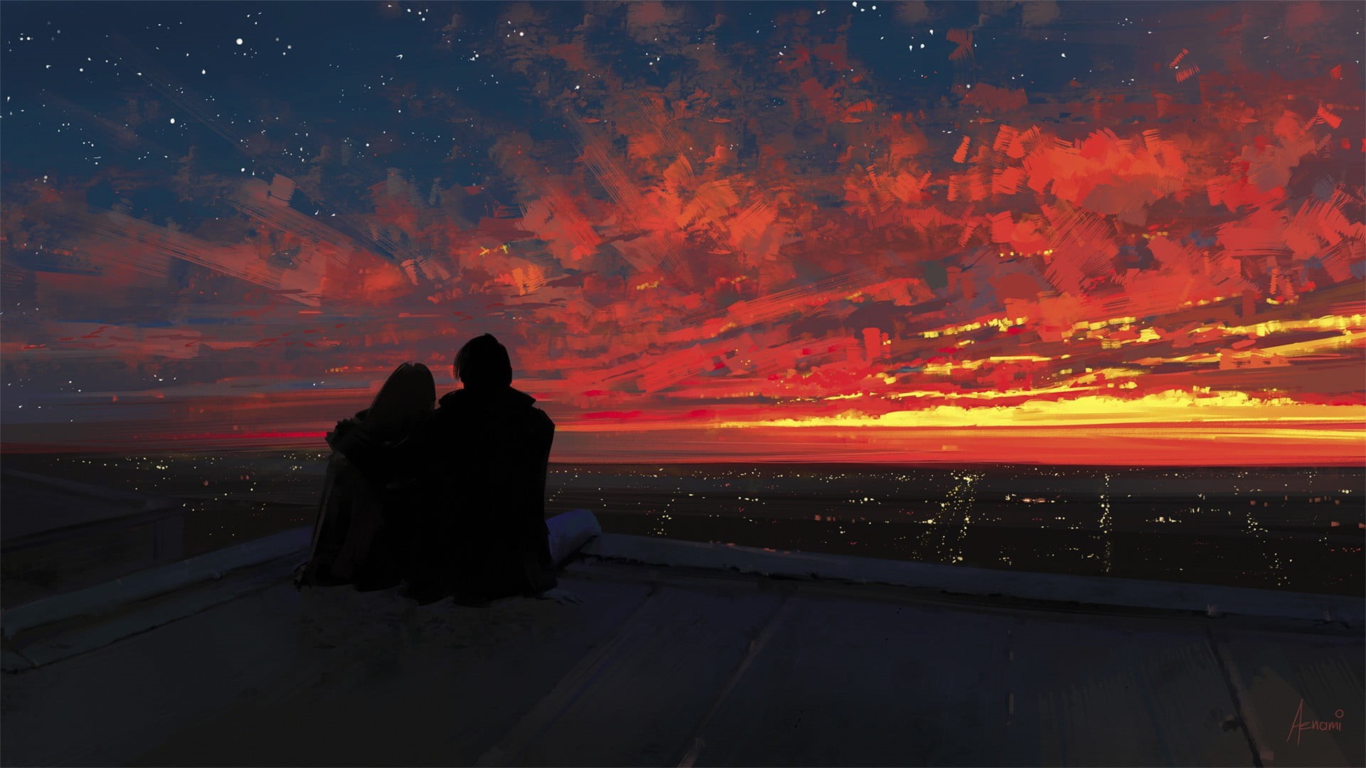 sky, leisure activity, adult, clouds, men, outdoors, Aenami, looking at view, people, real people, women, cloud - sky, sunset, beauty in nature, stars, HD Wallpaper
