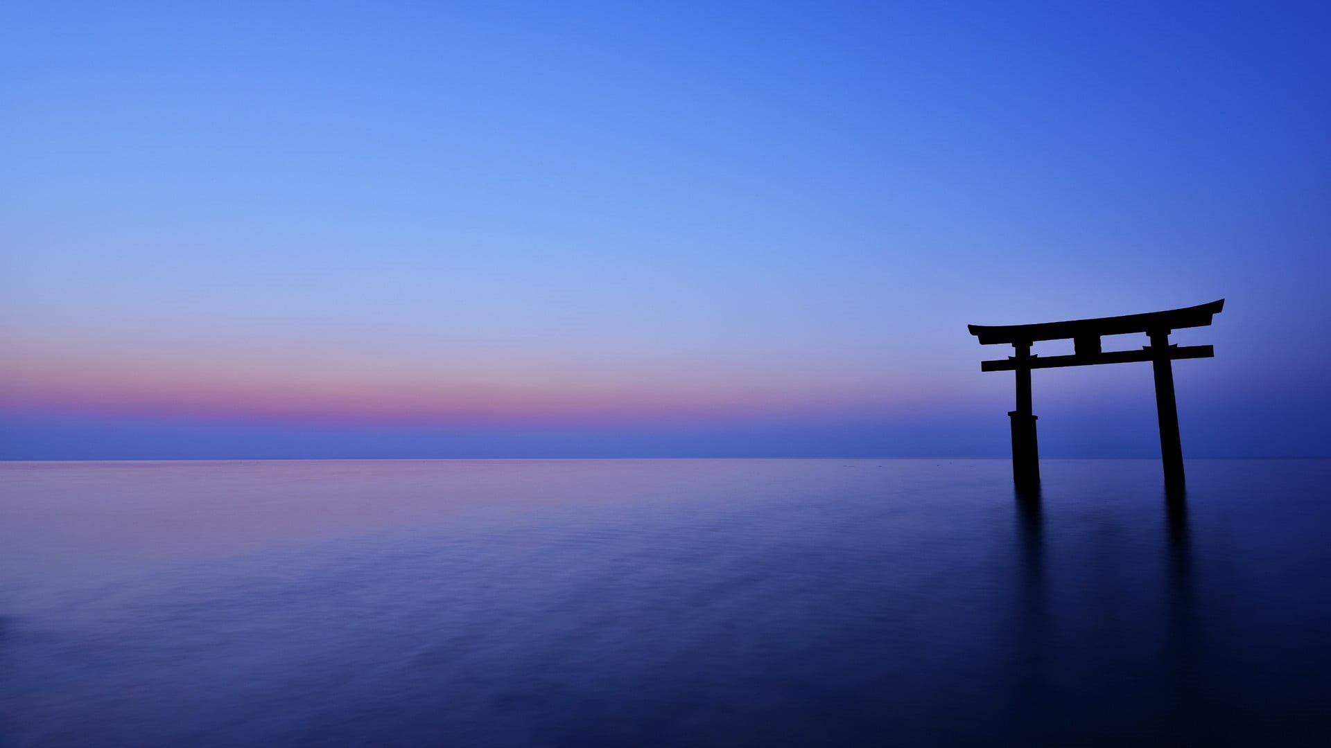 structure, sunset, water, idyllic, purple, horizon, sea, belief, gate, tranquility, 1080P, no people, scenics - nature, copy space, spirituality, dusk, HD Wallpaper