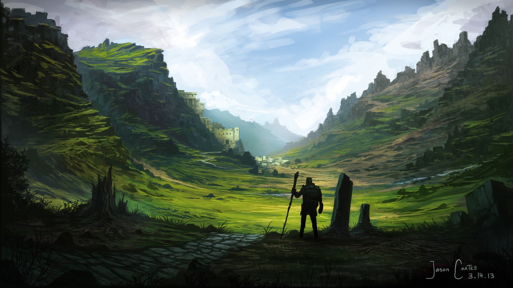 growth, tranquility, rocks, nature, leisure activity, plant, sky, day, warrior, landscape, man, animation, fantasy art, real people, mountains, environment, HD Wallpaper