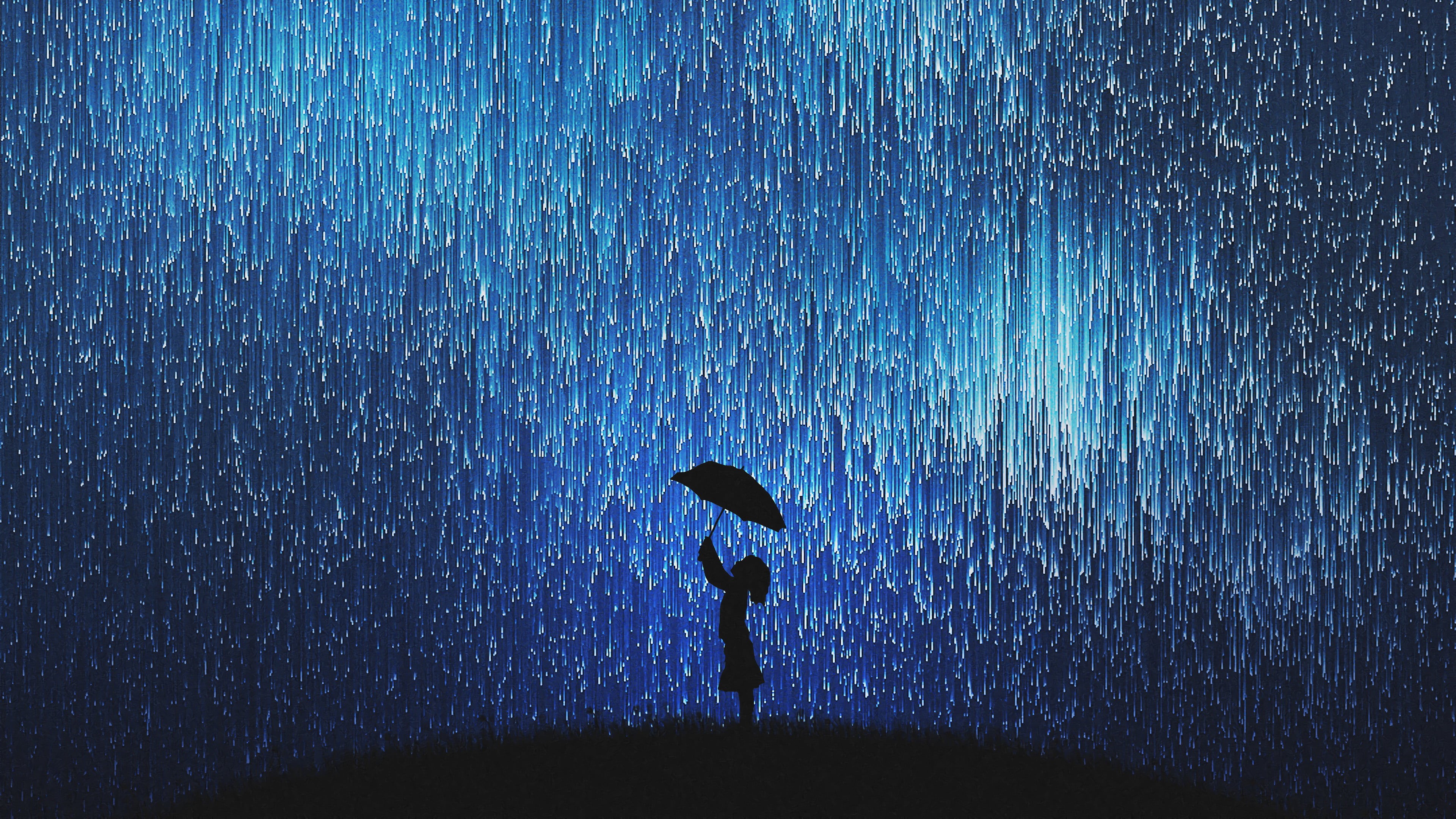 fantasy girl, children, people, starred sky, landscape, night, umbrella, starscape, 4K, nature, fantasy art, blue, artwork, dark, galaxy, women, illustration, HD Wallpaper