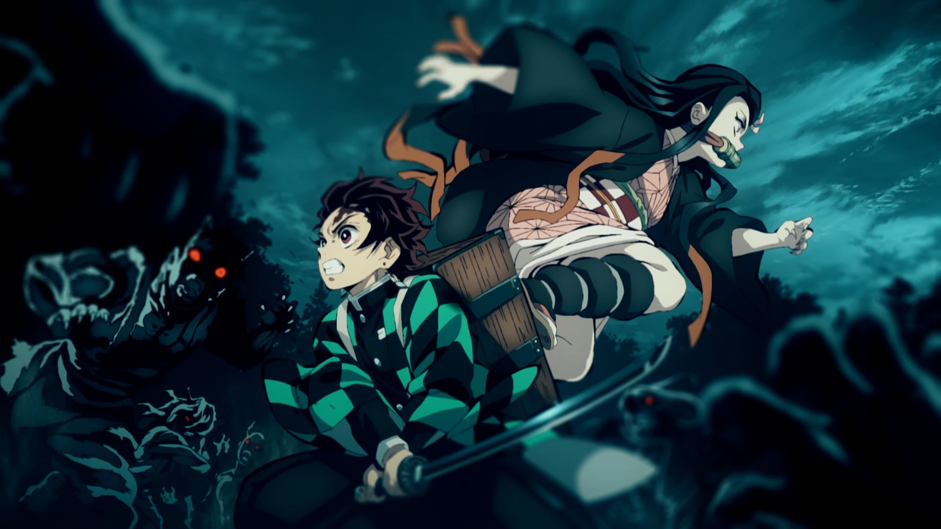 Kamado Nezuko, 1080P, Kimetsu no Yaiba, anime, katana, Kamado Tanjirō, anime girls, demon girl, HD Wallpaper