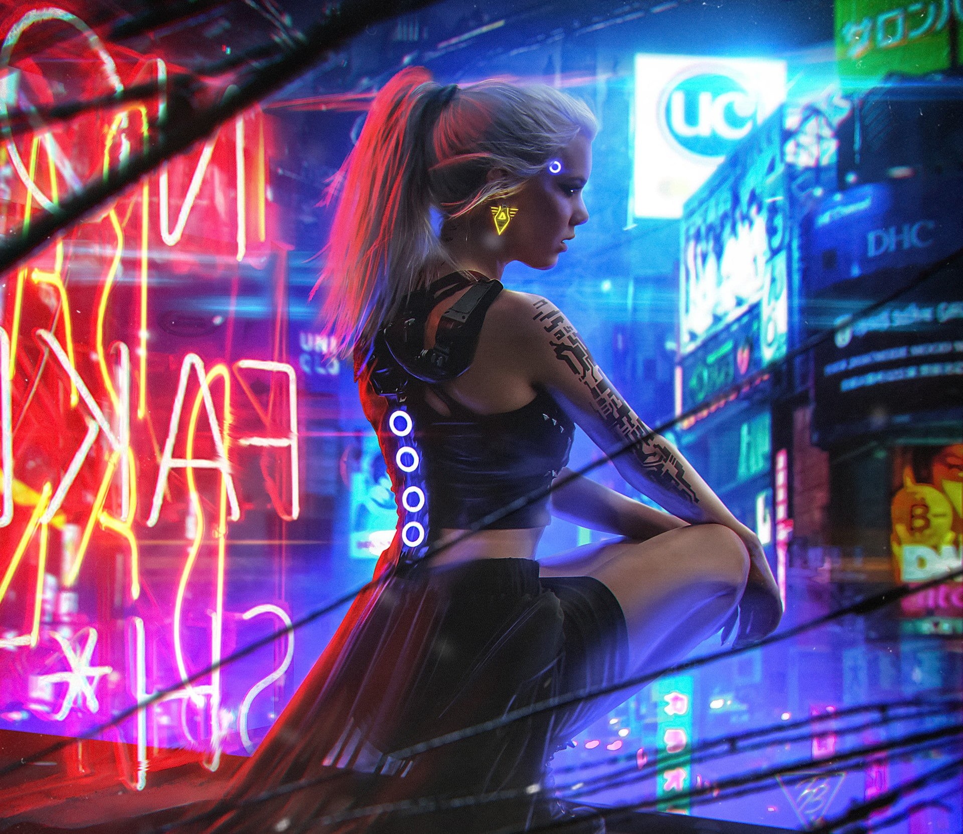 Pavel Bondarenko, tattoo, science fiction, lights, profile, women, futuristic, blonde, robot, 1080P, digital art, Cyberpunk 2077, HD Wallpaper