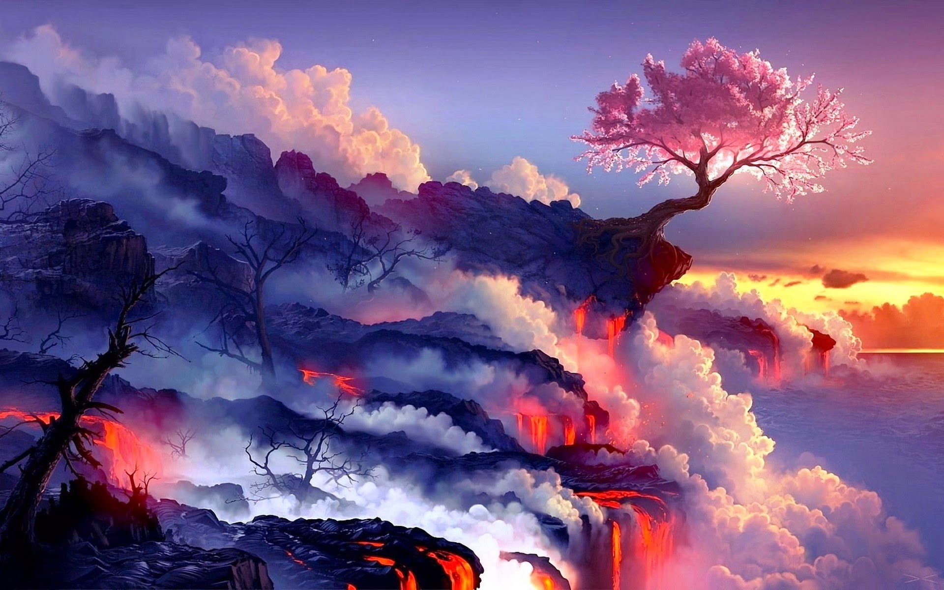 sakura, photo manipulation, non-urban scene, Fightstar, landscape, sky, land, 1080P, nature, beauty in nature, environment, outdoors, no people, lava, HD Wallpaper