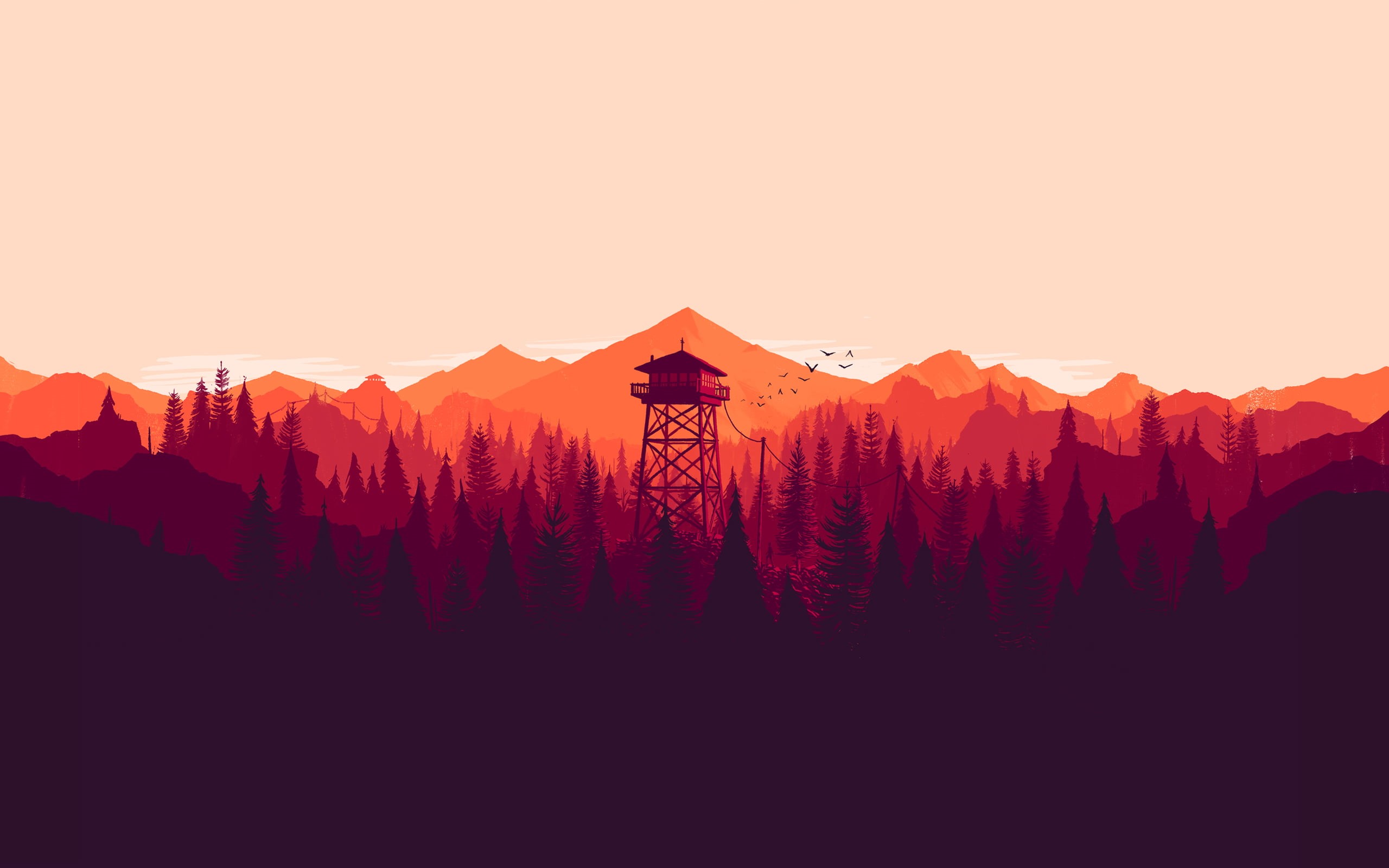 idyllic, tower, silhouette, Olly Moss, artwork, autumn, mountain Peak, vector, sunrise - Dawn, landscape, sunset, house, digital, fire lookout tower, scenics, HD Wallpaper