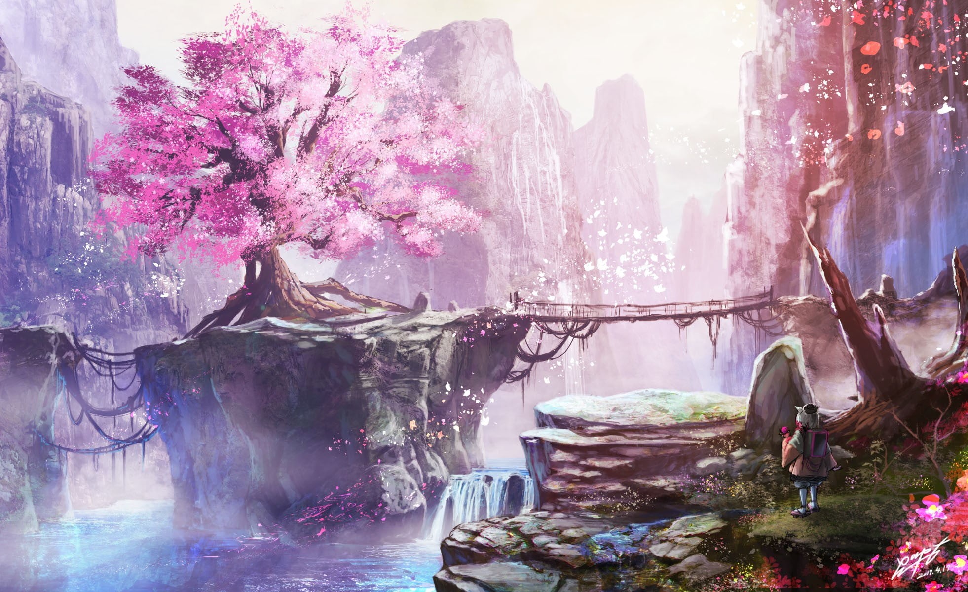 landscape, nature, real people, fantasy art, 1080P, rock - object, mountains, lifestyles, flowering plant, anime girls, plant, cherry blossom, day, flower, HD Wallpaper