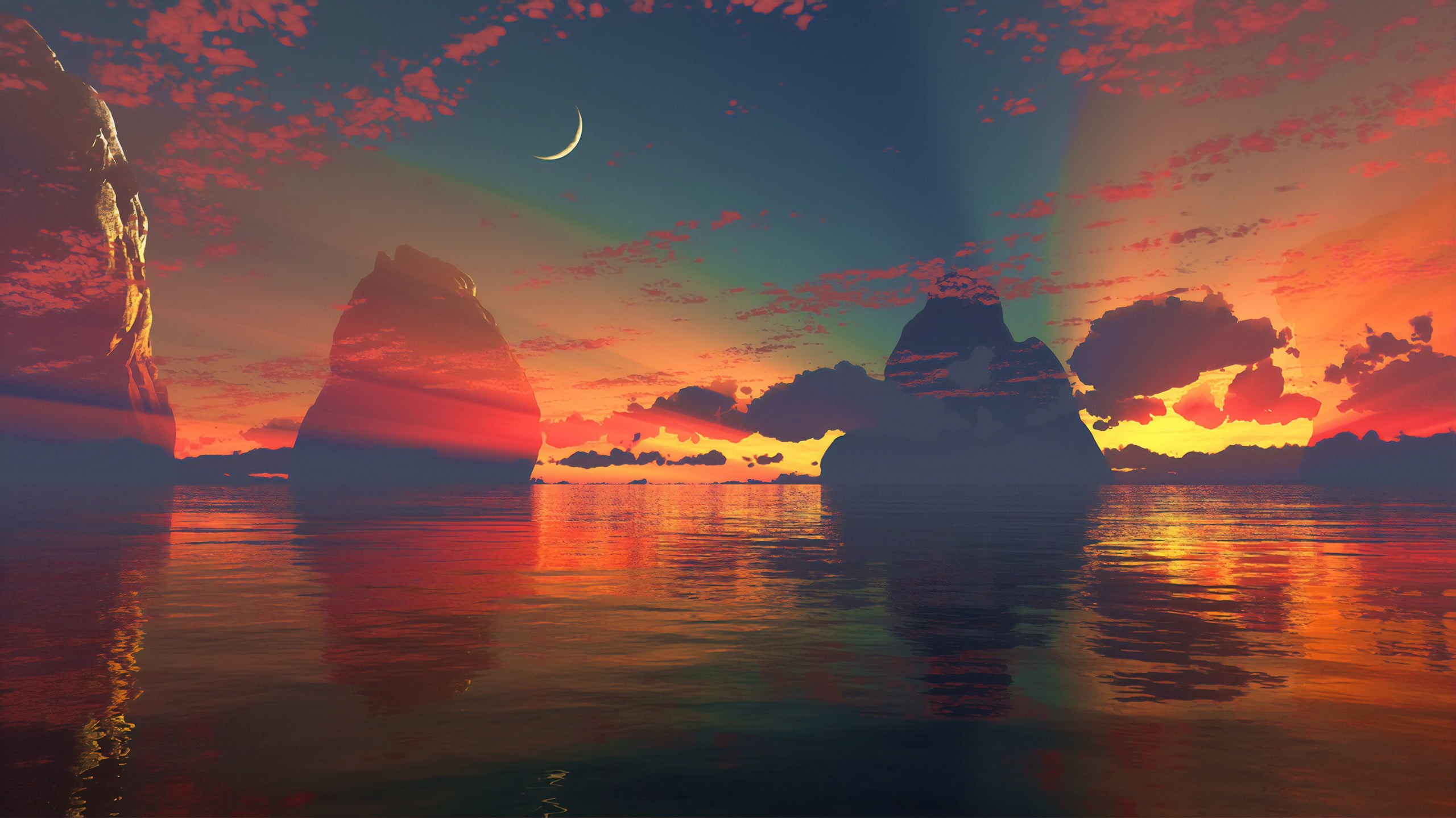 digital, sea, Sun, sky, dark, sunrise, sun rays, digital art, sunset, 2K, dusk, landscape, fantasy art, skyscape, nature, clouds, artwork, morning, water, HD Wallpaper