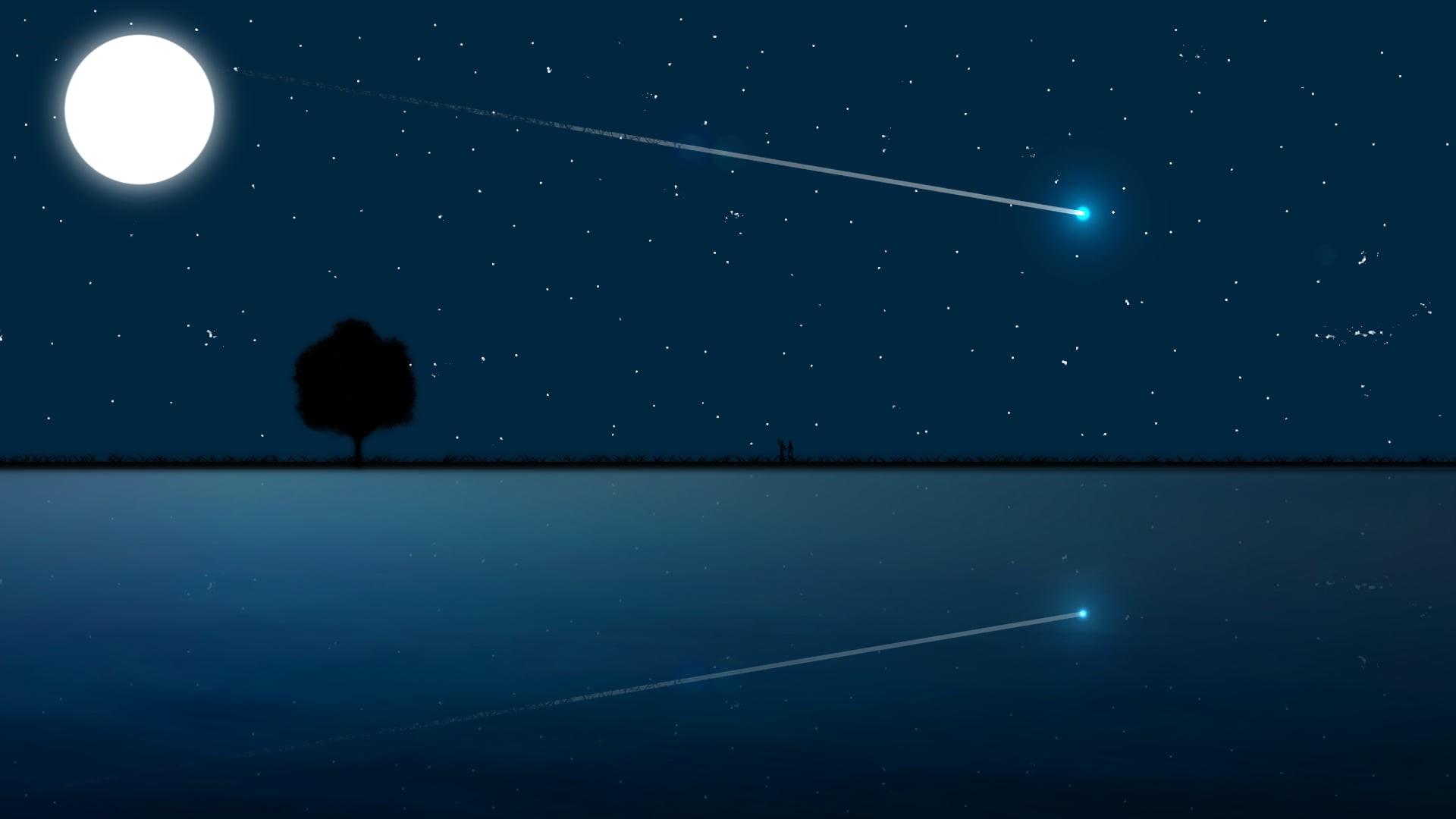 moonlight, trees, night, silhouette, 1080P, sea, moon rays, Moon, nature, starry night, digital art, couple, romance, stars, skyscape, artwork, digital, HD Wallpaper
