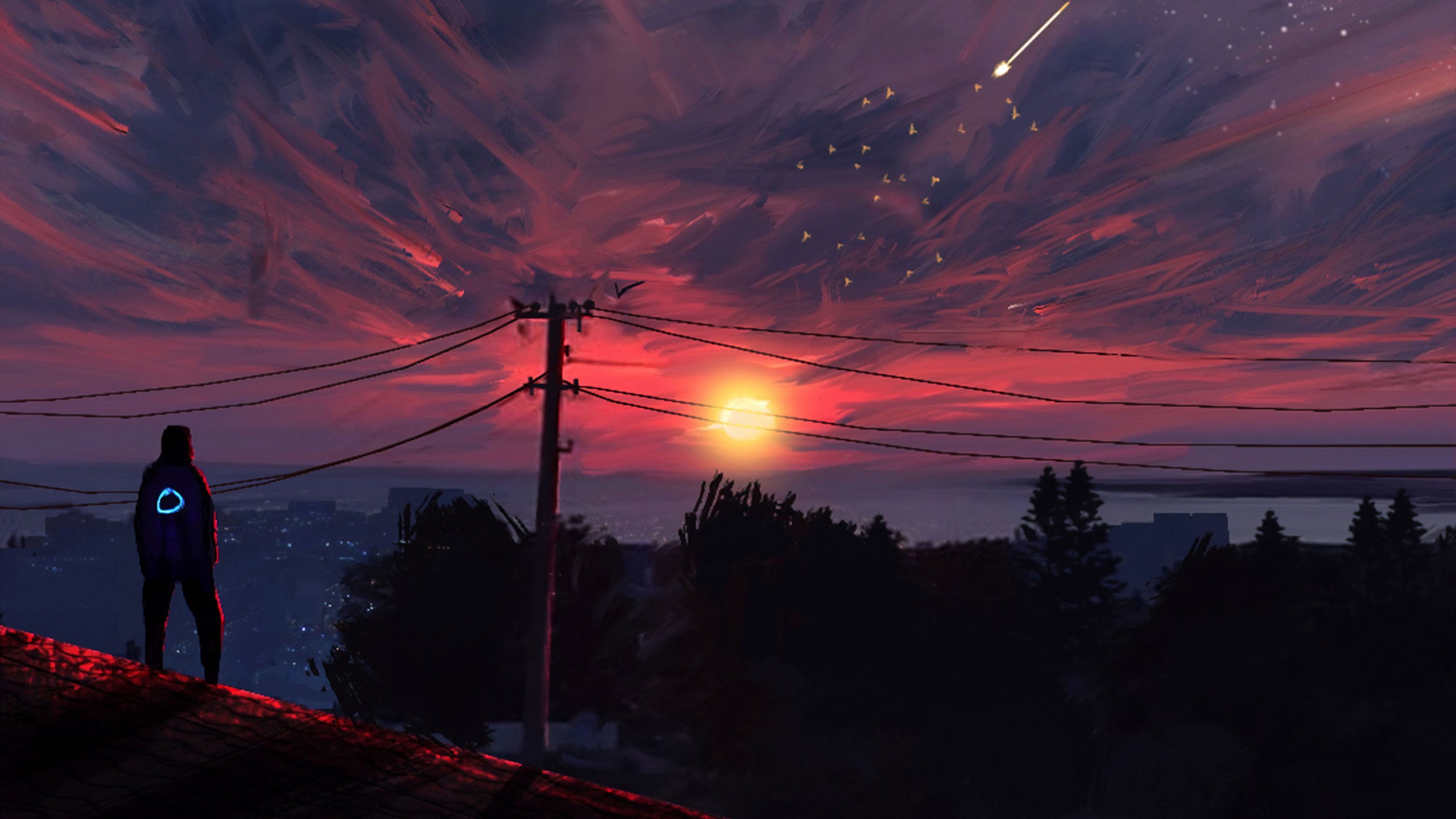 fantasy art, 2K, trees, men, character design, evening, clouds, artwork, shadow, dusk, digital, fictional, outdoors, digital art, sky, men outdoors, birds, HD Wallpaper