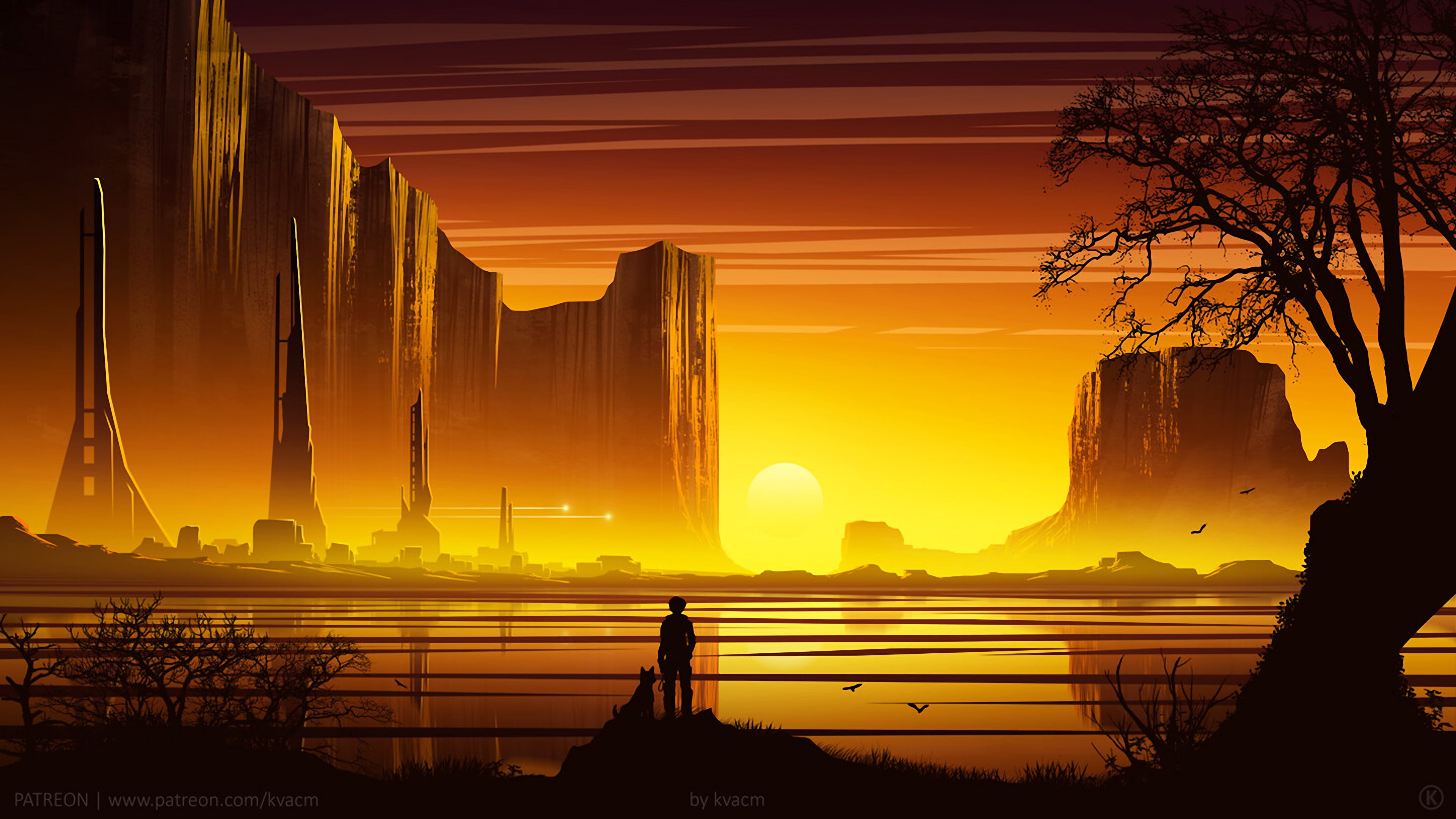 shadow, city, landscape, skyscape, desert, dog, people, architecture, animals, dark, illustration, men, lake, science fiction, gold, yellow background, HD Wallpaper