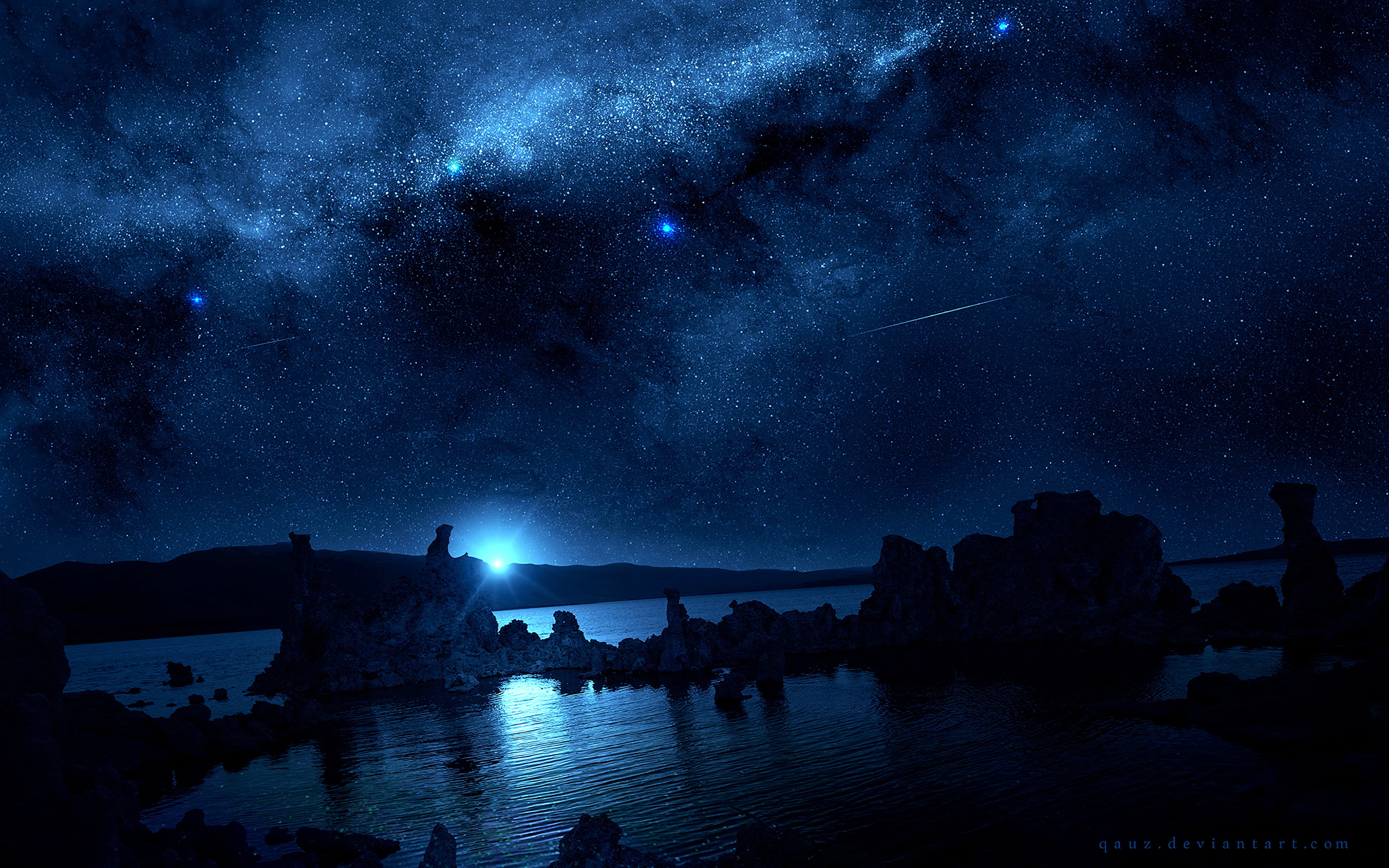 rocks, blue, landscape, 2K, universe, starry night, reflection, Milky Way, comet, skyscape, space, spacescapes, digital, sea, nature, digital art, artwork, HD Wallpaper