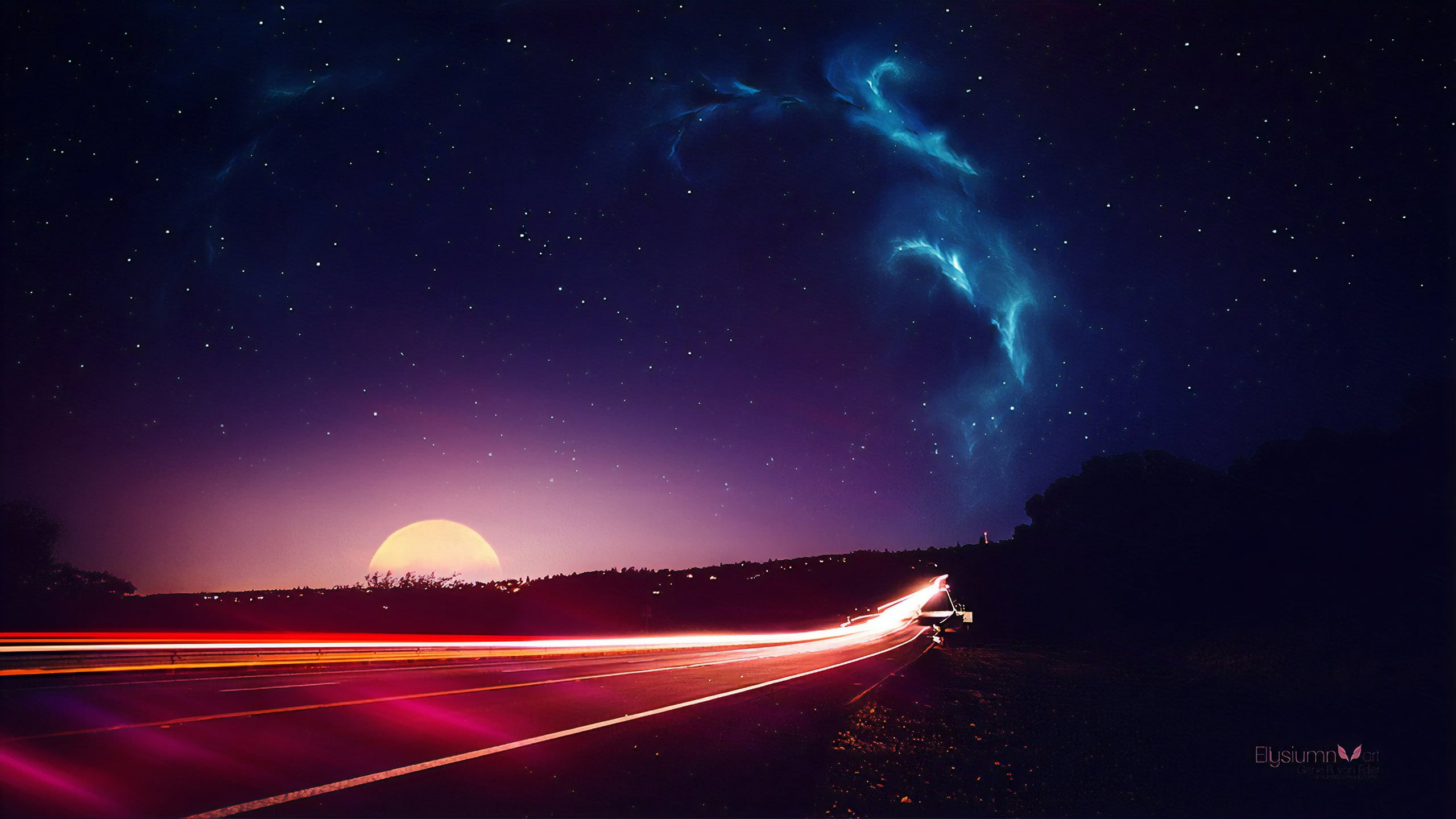 galaxy, Photorealism, dreamscape, Time-lapse, Ellysiumn, long exposure, landscape, atmosphere, lights, artwork, dark, skyscape, sunrise, fantasy art, photo manipulation, HD Wallpaper