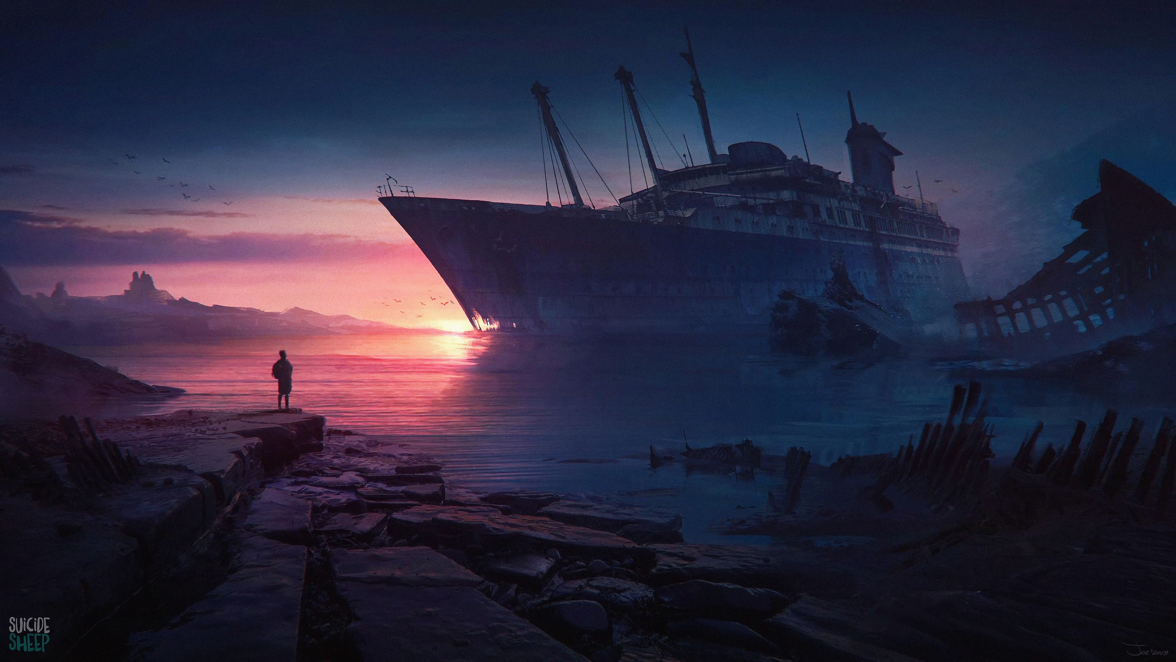 nature, water, sea, ruin, Sun, abandoned, boat, outdoors, concept art, dusk, sun rays, environment, men outdoors, silhouette, fantasy art, dawn, people, HD Wallpaper