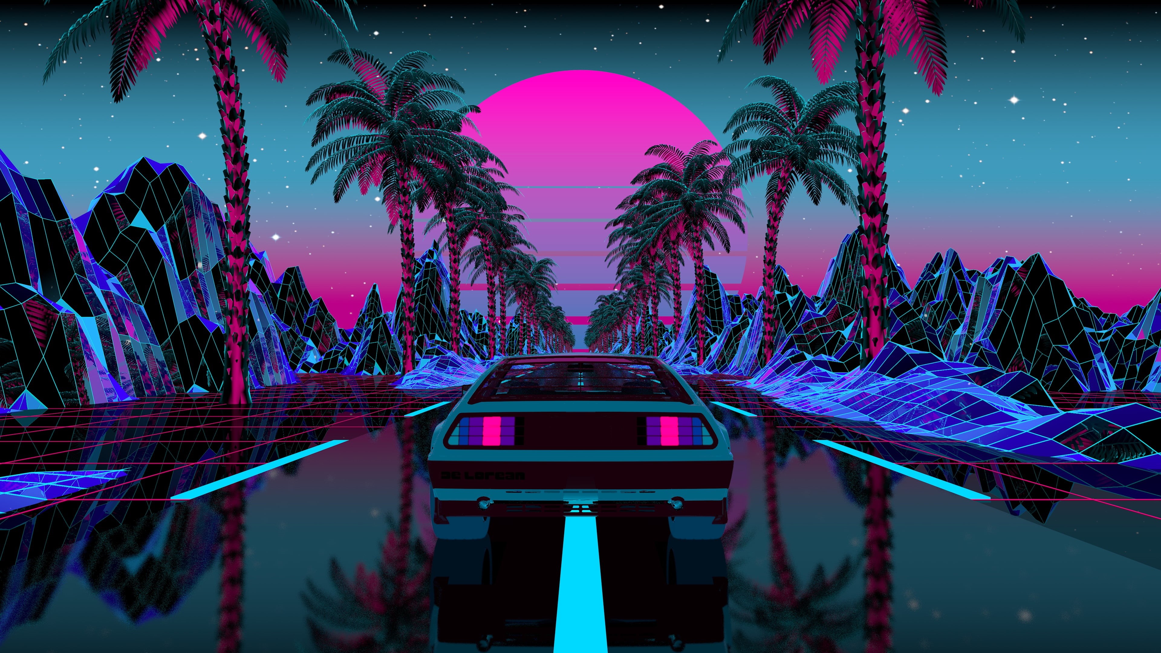 DMC DeLorean, galaxy, Moon, zii, car, silhouette, mountains, pink, science fiction, palm trees, nature, florida man, OutRun, DeLorean, sky, stars, reflection, HD Wallpaper