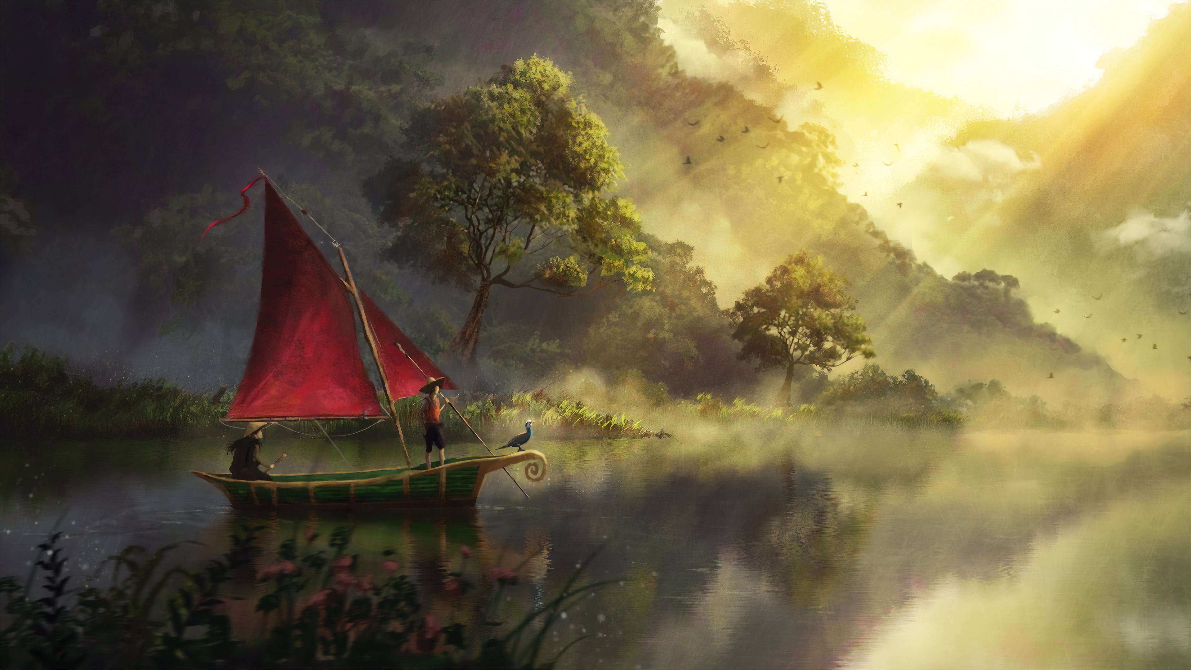 birds, lake, morning, Sun, sea, environment, sun rays, nature, digital painting, river, digital art, children, reflection, artwork, mountains, drawing, HD Wallpaper