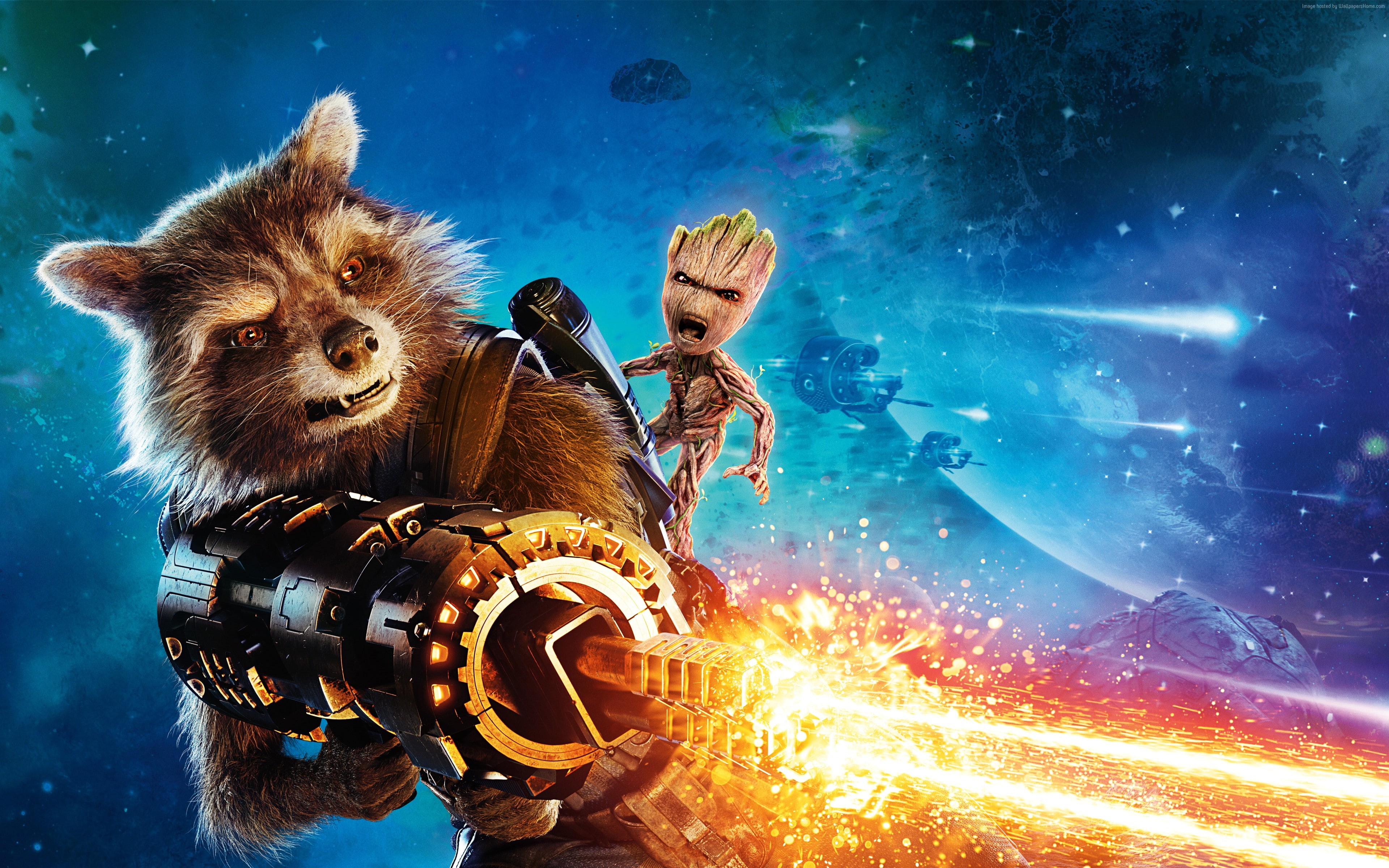 Rocket, 4K, Baby Groot, Guardians of the Galaxy Vol. 2, gun, best movies, HD Wallpaper