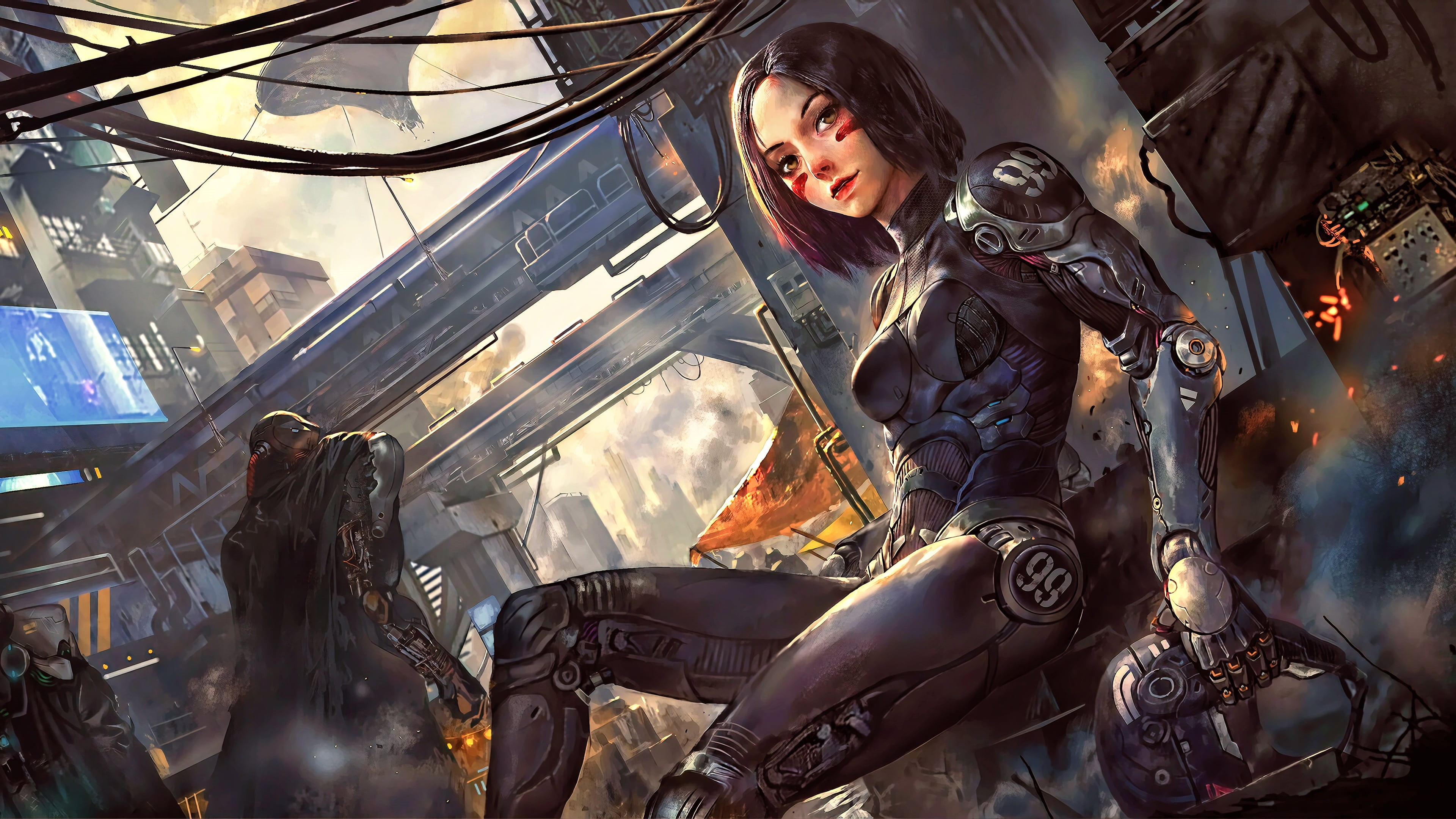 Robots, cyborg, digital art, fan art, anime girls, CGI, 3D, 4K, Battle Angel Alita, Alita: Battle Angel, artwork, city, Alita, cyberpunk, women, fantasy art, HD Wallpaper