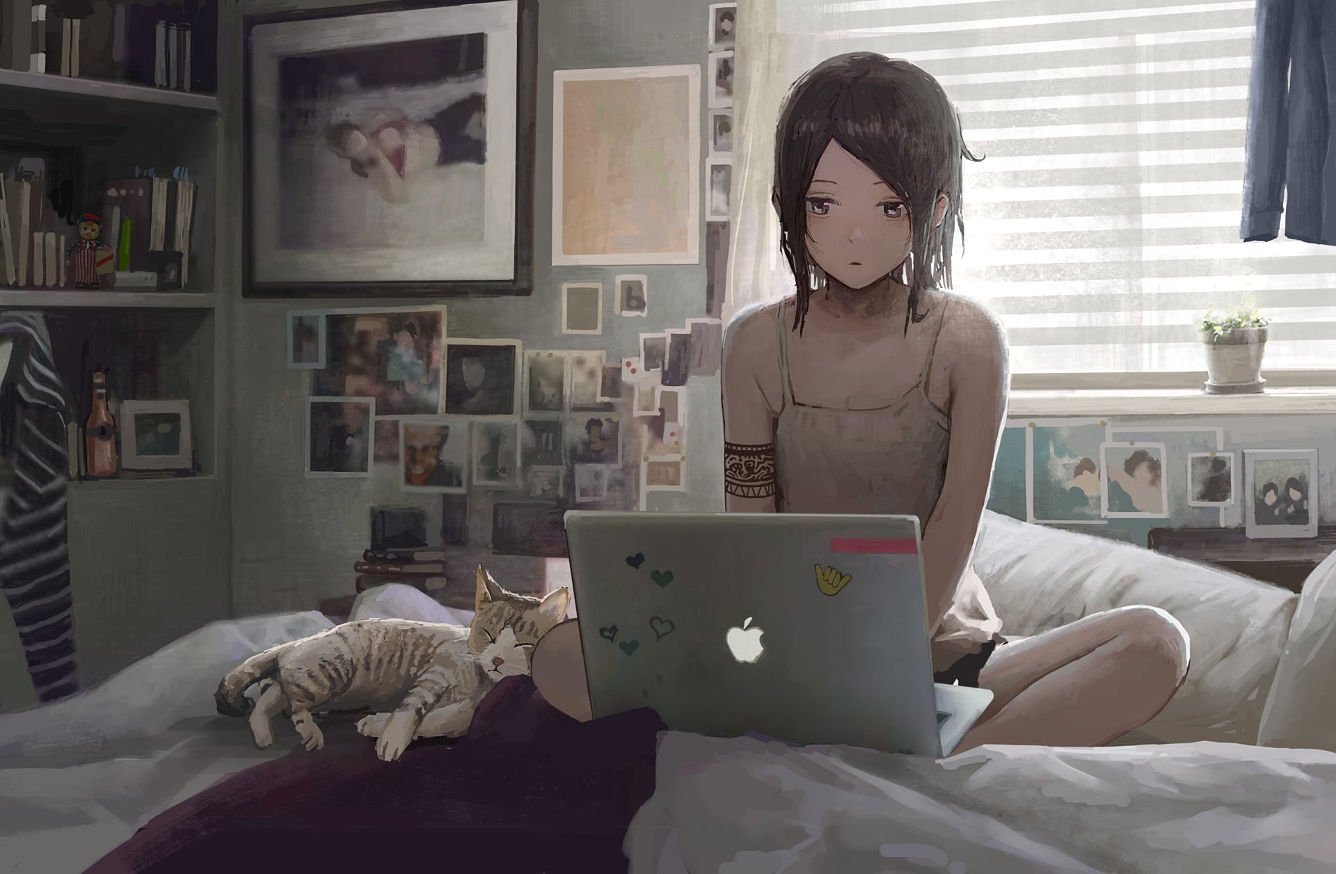 brunette, child, happiness, home Interior, creativity, lifestyles, 1080P, pillow, gray, people, brown Hair, femal, haired, women, artwork, females, hairstyle, HD Wallpaper
