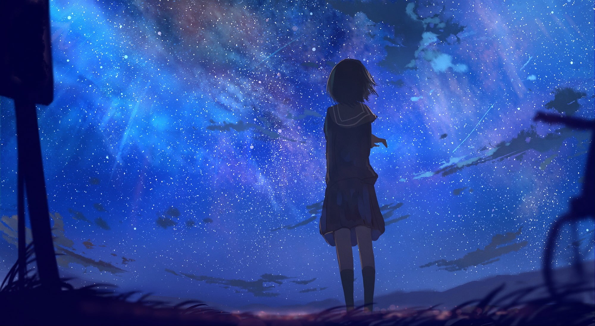 looking away, character, real people, space, standing, female, leisure activity, illuminated, galaxy, full length, star field, school uniform, short hair, HD Wallpaper