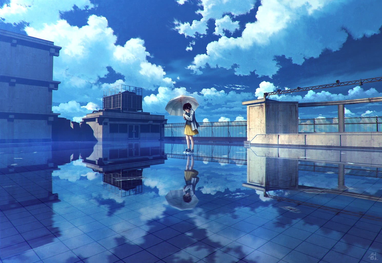 character, blue, one person, sky, day, digital composite, railing, clouds, umbrella, urban, reflection, building, illustration, artwork, outdoors, real people, HD Wallpaper