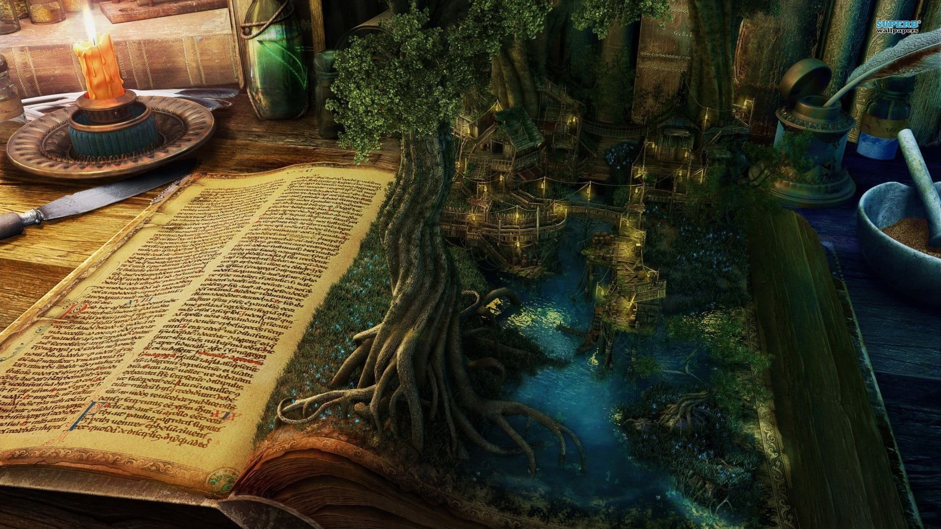 art and craft, day, opened, place of worship, high angle view, book, trees, artwork, plant, fantasy art, built structure, belief, spirituality, reflection, HD Wallpaper