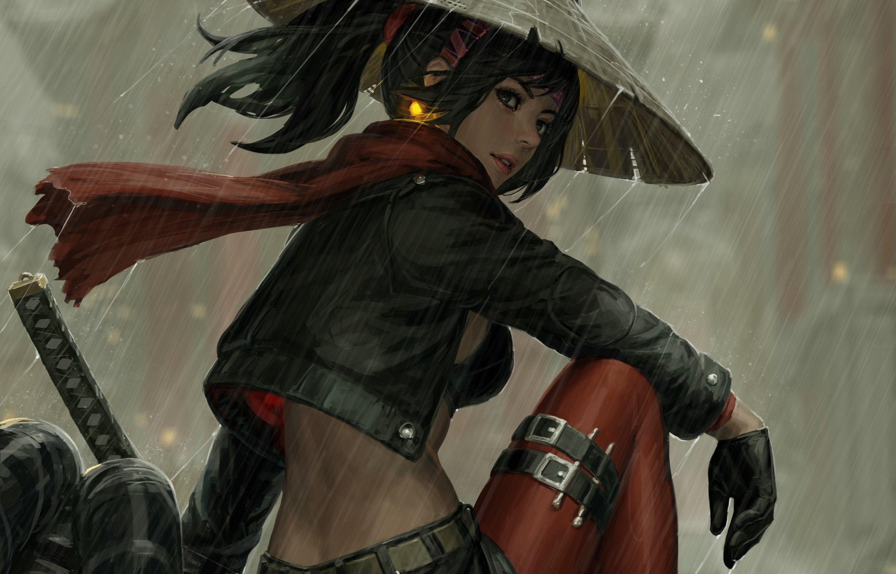 water drops, rain, illustration, one person, adult, drawing, real people, warrior, motion, brunette, wet, security, umbrella, fan art, WLOP, HD Wallpaper