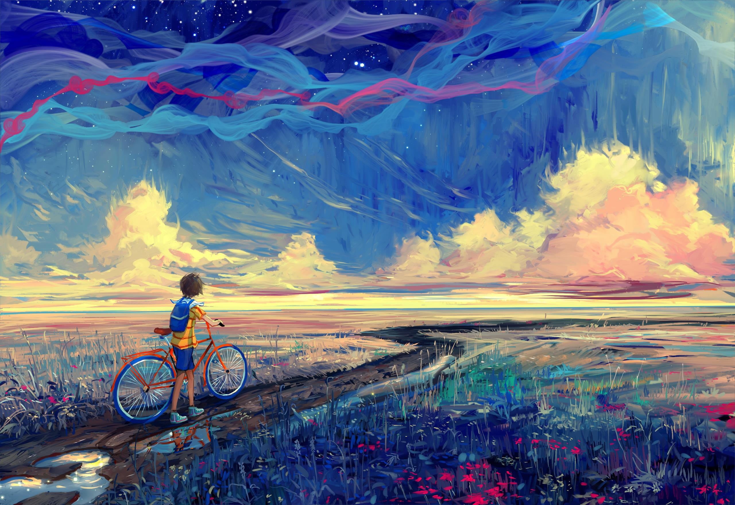cycling, scenics - nature, beauty in nature, lifestyles, sky, nature, painting, bicycle, mode of transportation, motion, transportation, scene, 2K, leisure activity, HD Wallpaper