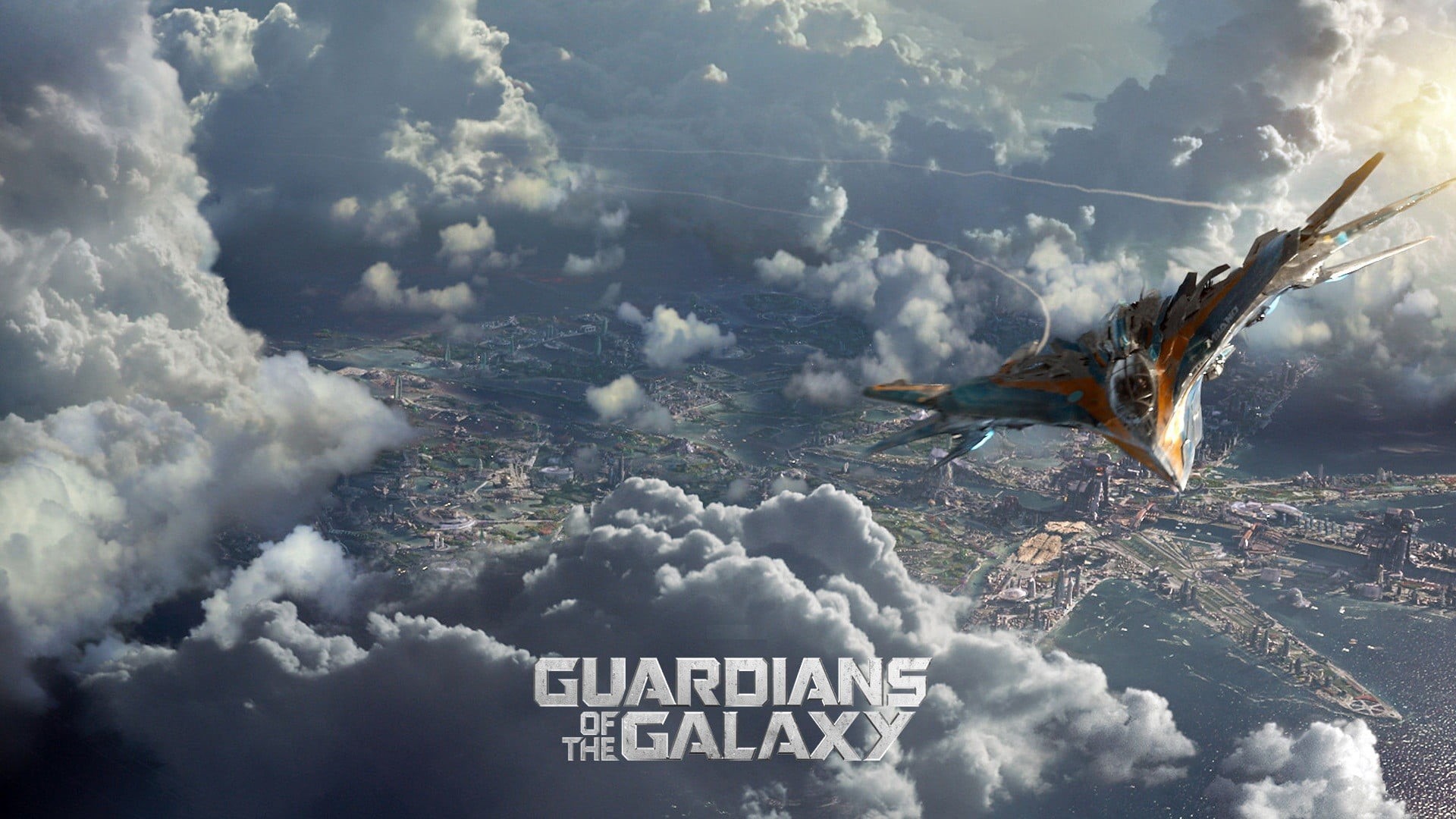Guardians of the Galaxy, digital composite, Star Lord, Gamora , architecture, Marvel Comics, Marvel Cinematic Universe, galaxy, Groot, guardians, aerial view, HD Wallpaper
