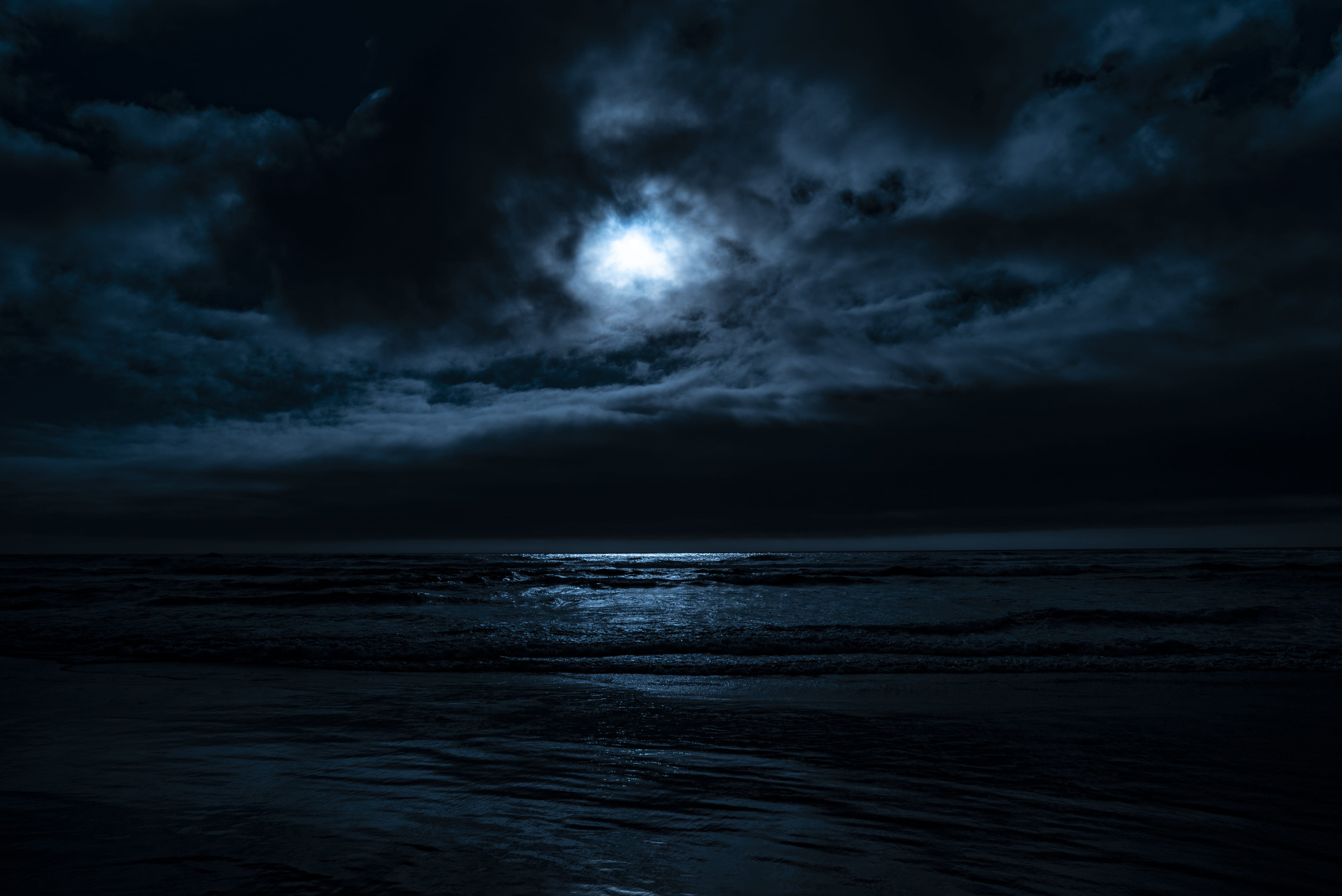 scenics - nature, horizon, nature, water, beauty in nature, full, sea, moon, sun, 4K, ocean, blue, cloud - sky, cloud, outdoors, moonlit, beach, storm, HD Wallpaper