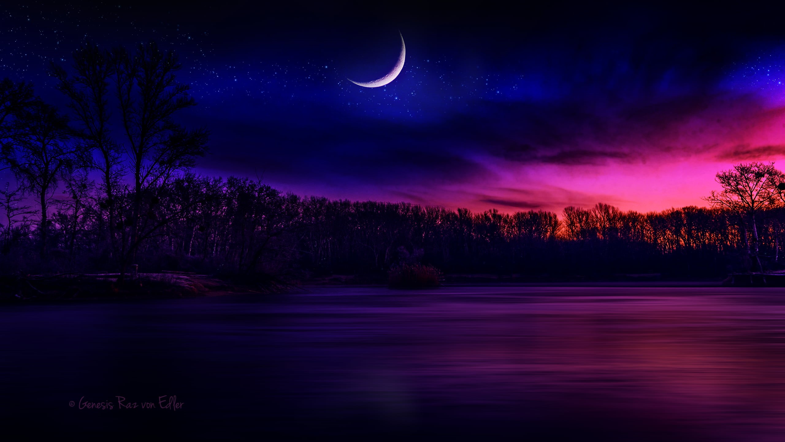 beauty in nature, outdoors, tranquility, star - space, 2K, no people, landscape, digital art, idyllic, nature, astronomy, crescent, tree, water, moonlight, HD Wallpaper
