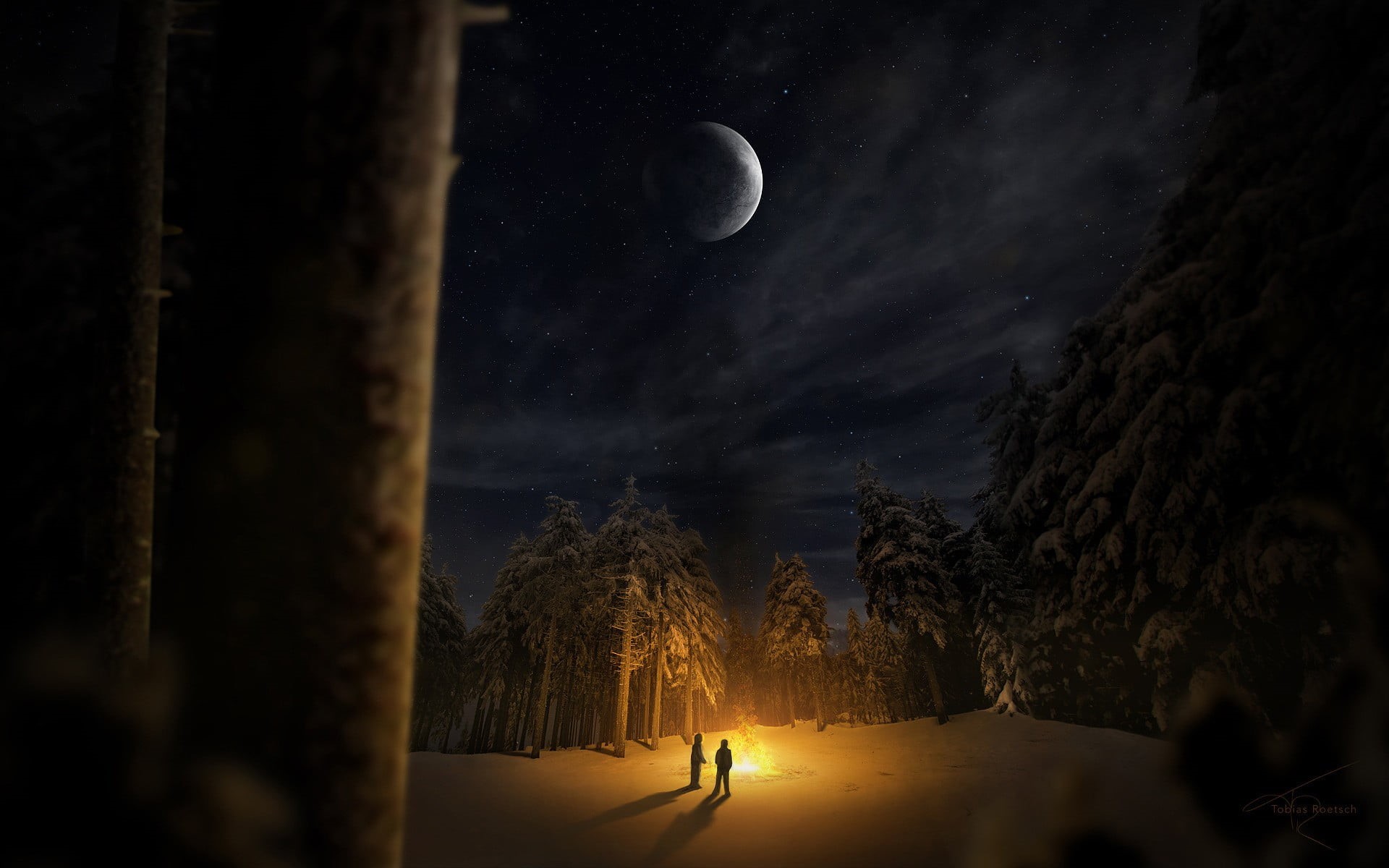 moonlight, field, space, tranquility, sky, winter, tranquil scene, nighttime, full moon, smoke, star - space, campfire, dark, astronomy, fantasy art, artwork, HD Wallpaper