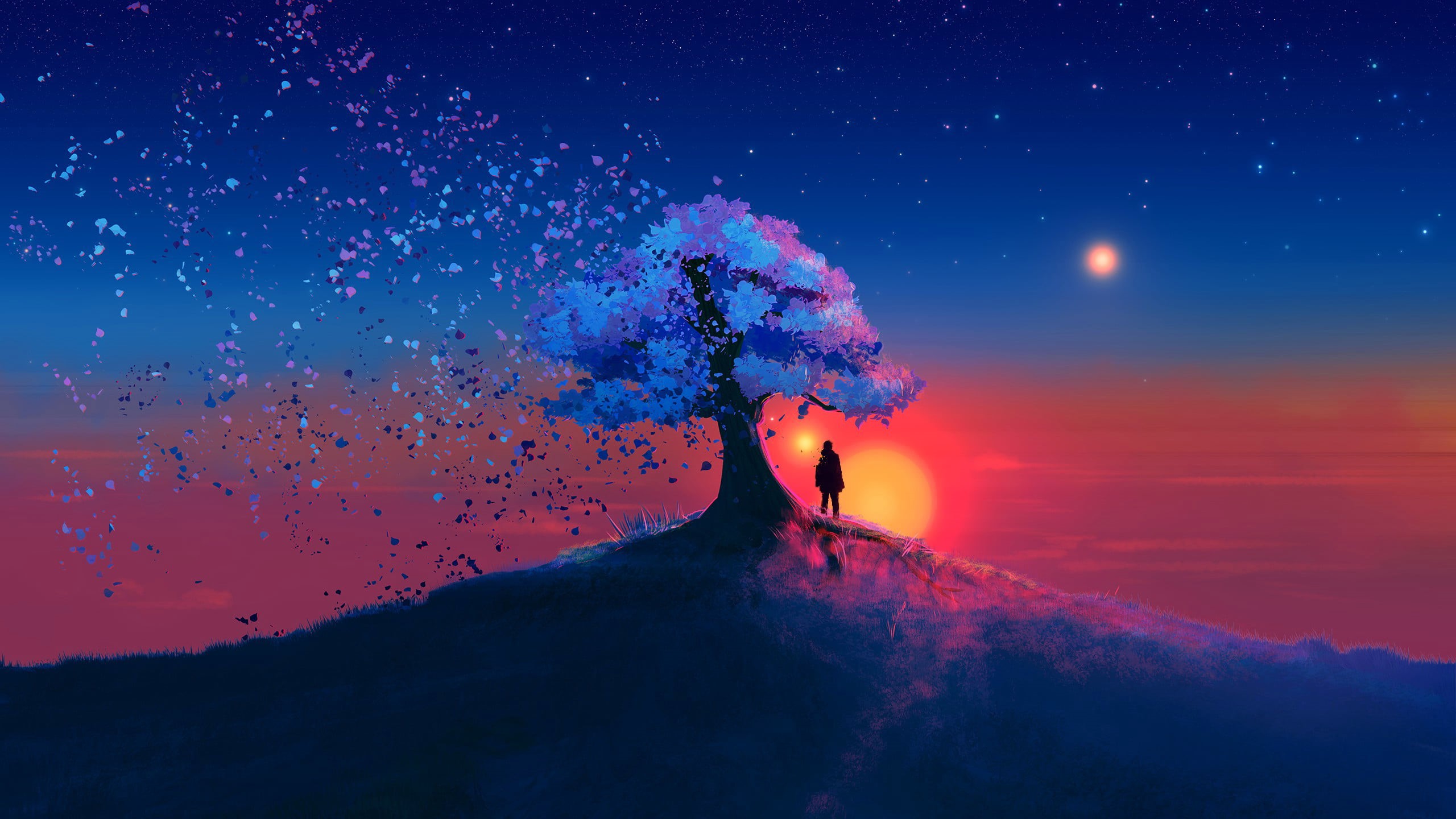 nature, sky, stars, trees, artwork, landscape, digital art, JoeyJazz, 2K, drawing, silhouette, painting, HD Wallpaper