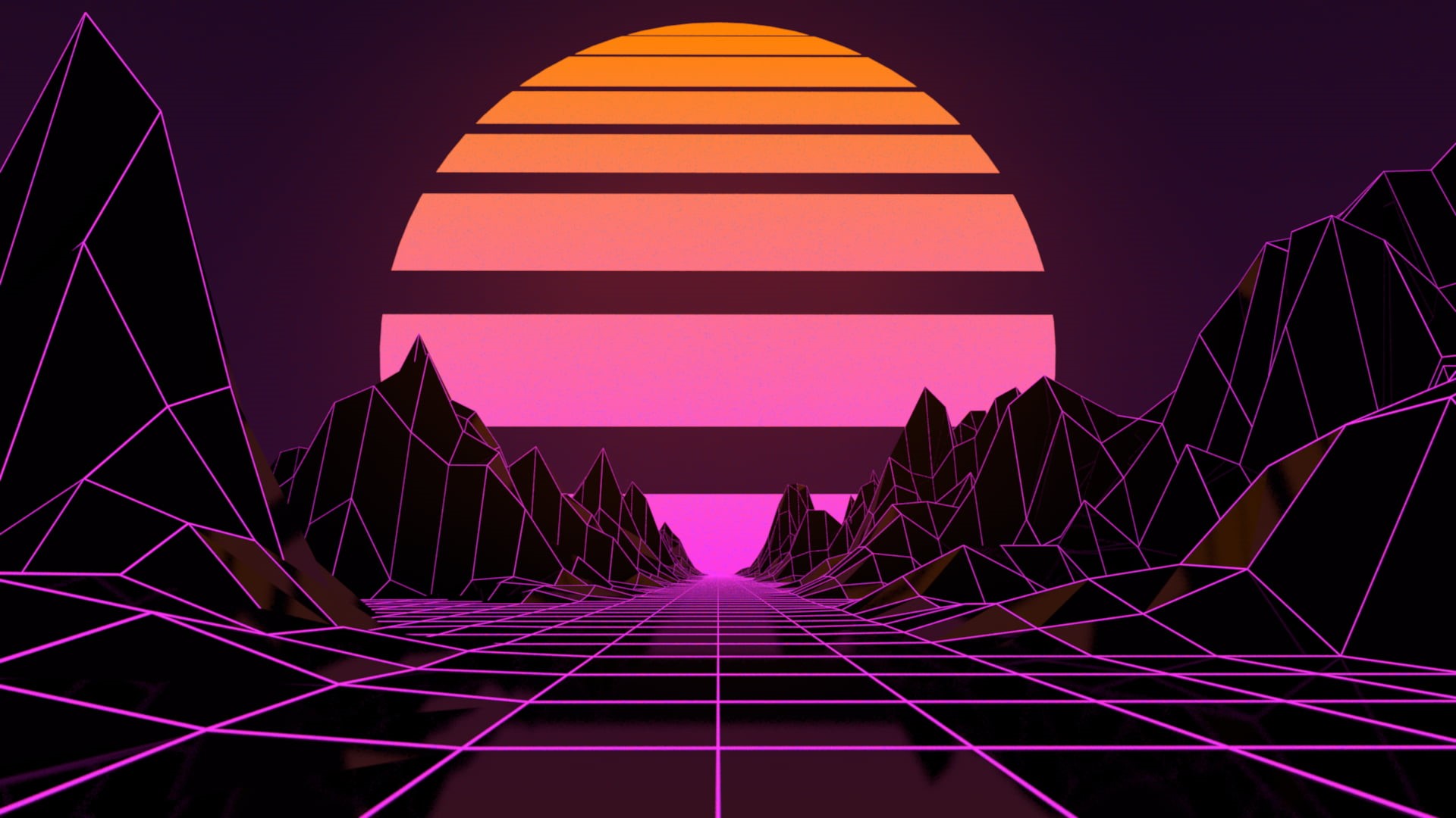 lines, sunset, synthwave, neon, digital, landscape, Retro style, digital art, artwork, 1080P, simple background, mountains, purple, Retrowave, vaporwave, HD Wallpaper