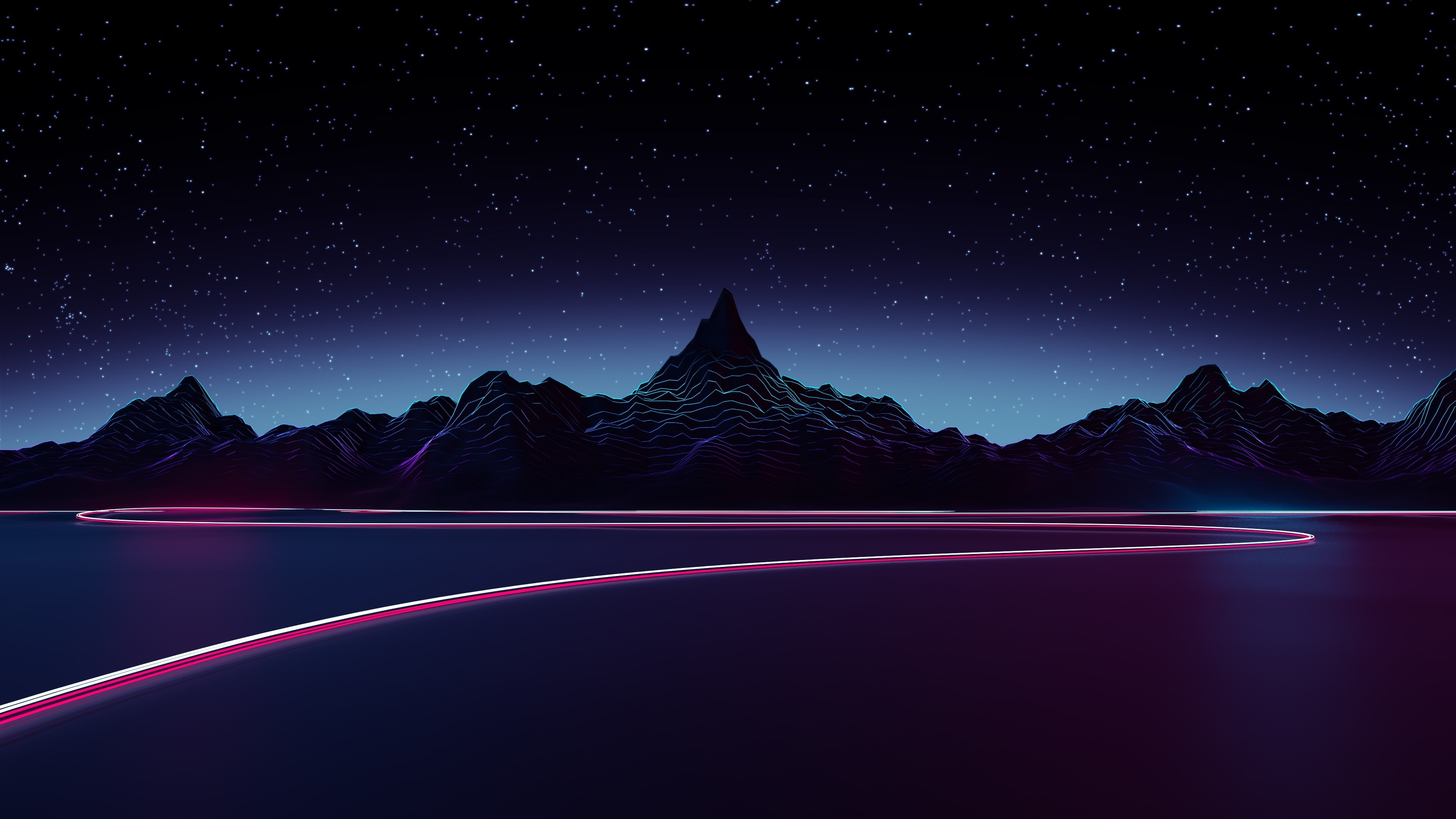purple, lighting, sky, starry, digital art, retrowave, neon, starry night, 4K, 80s, mountains, night, night sky, darkness, design, midnight, starry sky, HD Wallpaper
