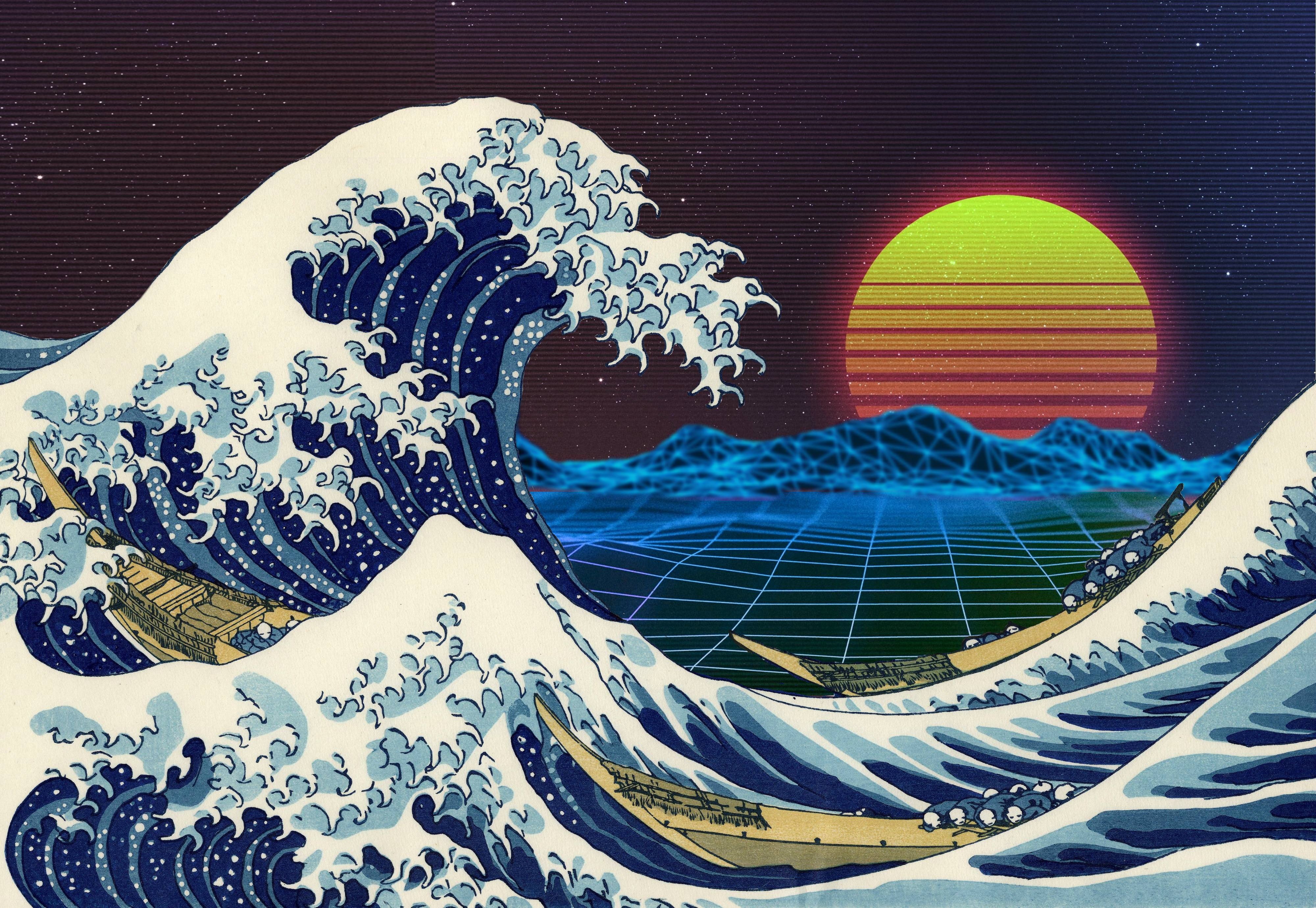 purple, blue, digital art, 4K, retrowave, digital, waves, sunset, purple background, Retro style, sea, HD Wallpaper
