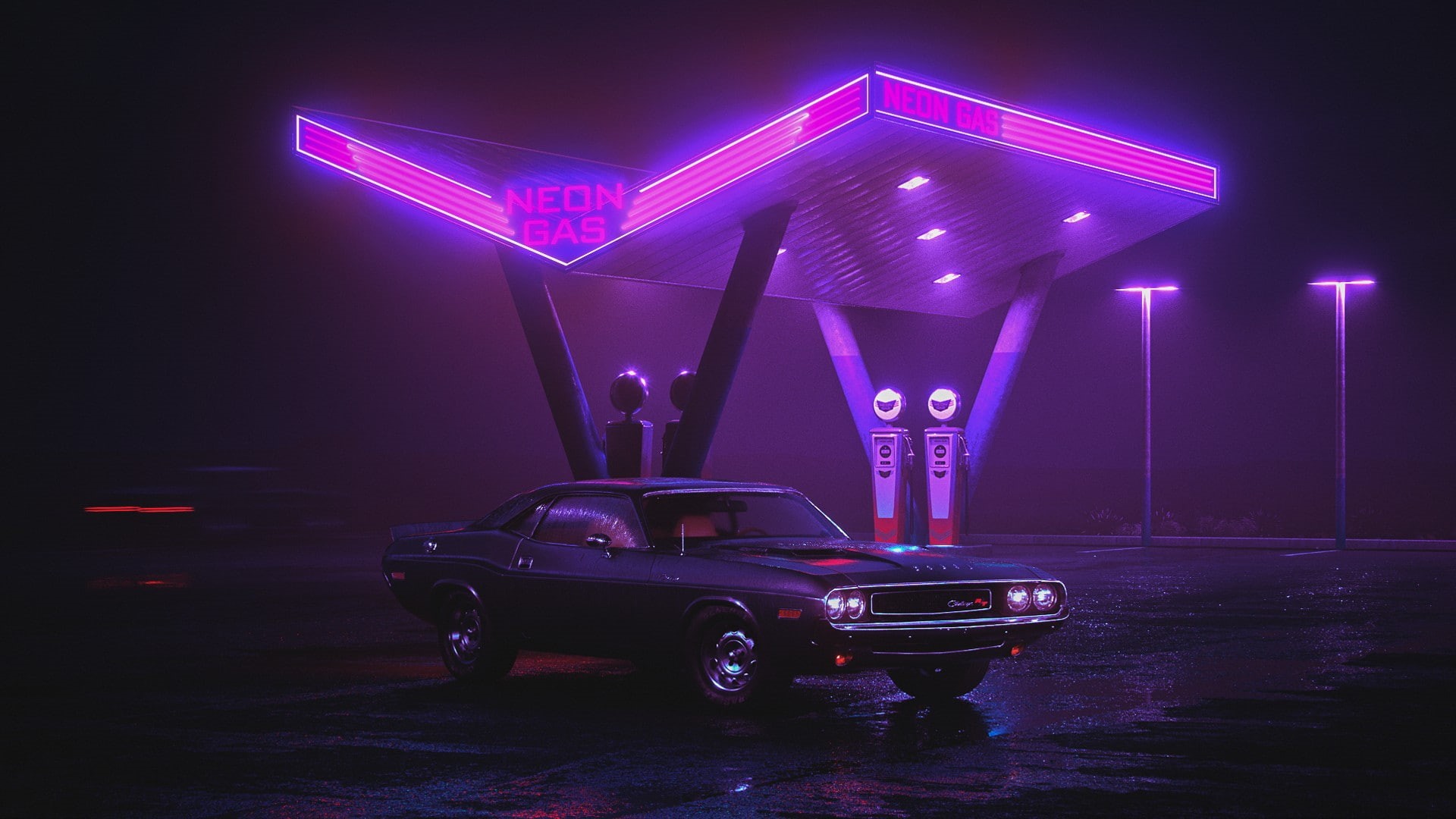 neon, retro art, light, purple, night, neon sign, retro, 1080P, lighting, gas station, neon gas, darkness, retro car, neon lights, midnight, retro wave, HD Wallpaper