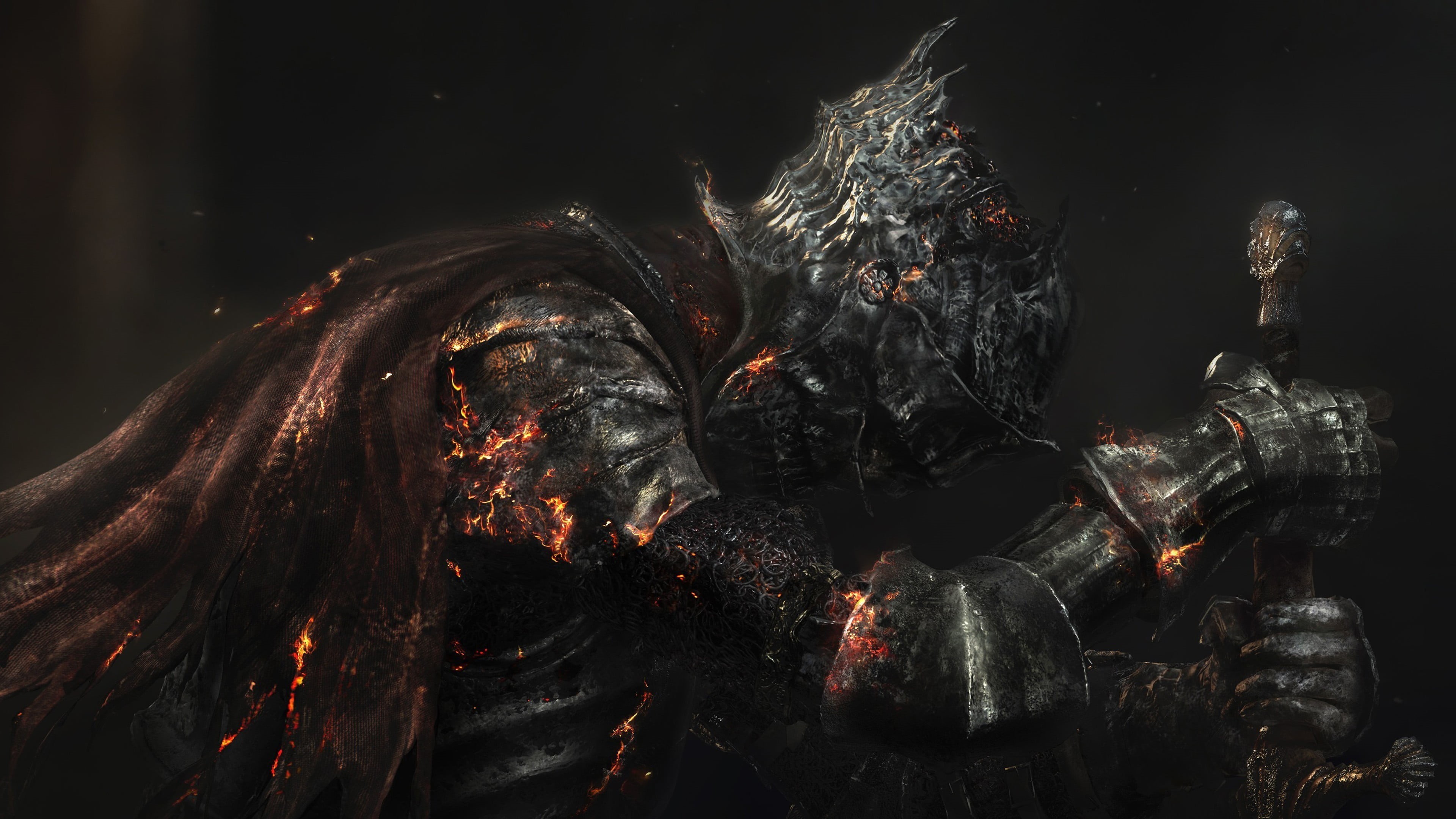 black color, knight, smoke - physical structure, glowing, no people, illuminated, volcano, dark, 4K, outdoors, video game characters, ash, close-up, video games, HD Wallpaper
