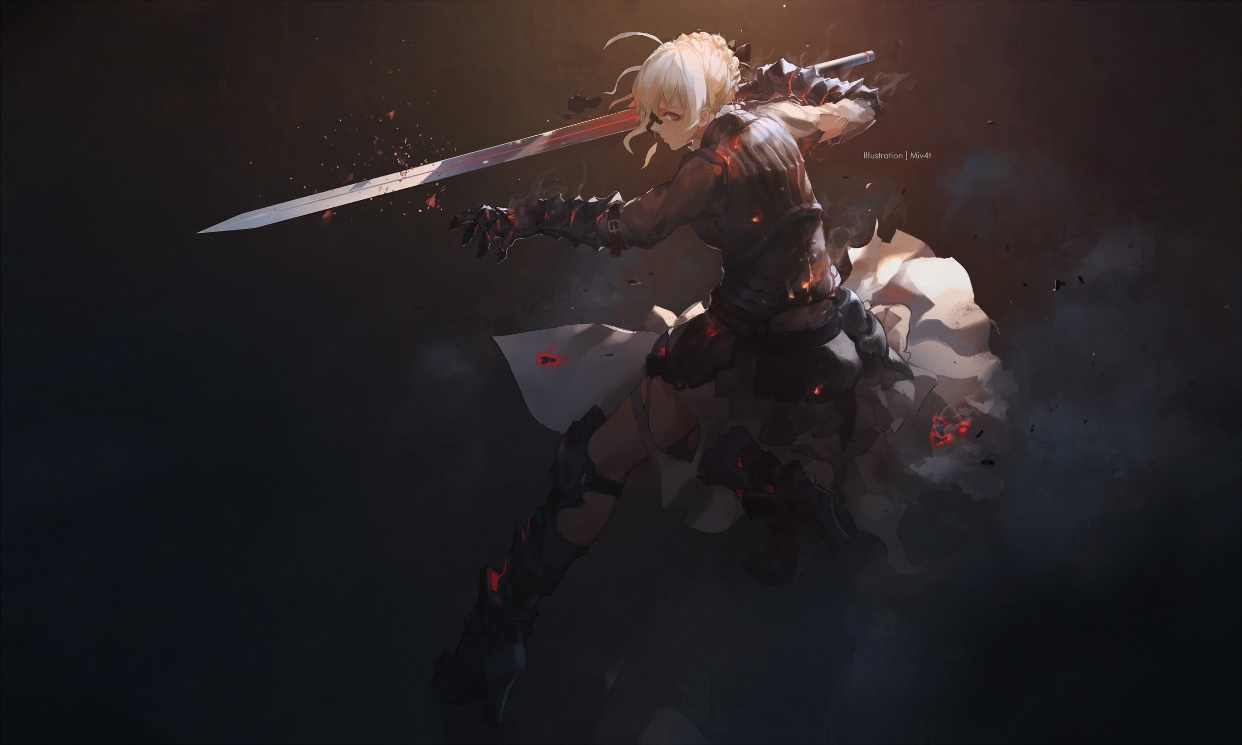 holding, blonde, standing, digital, hairstyle, aggression, men, 1080P, fantasy, war, females, Fate Series, woman, Fate/Stay Night, caucasian Ethnicity, HD Wallpaper