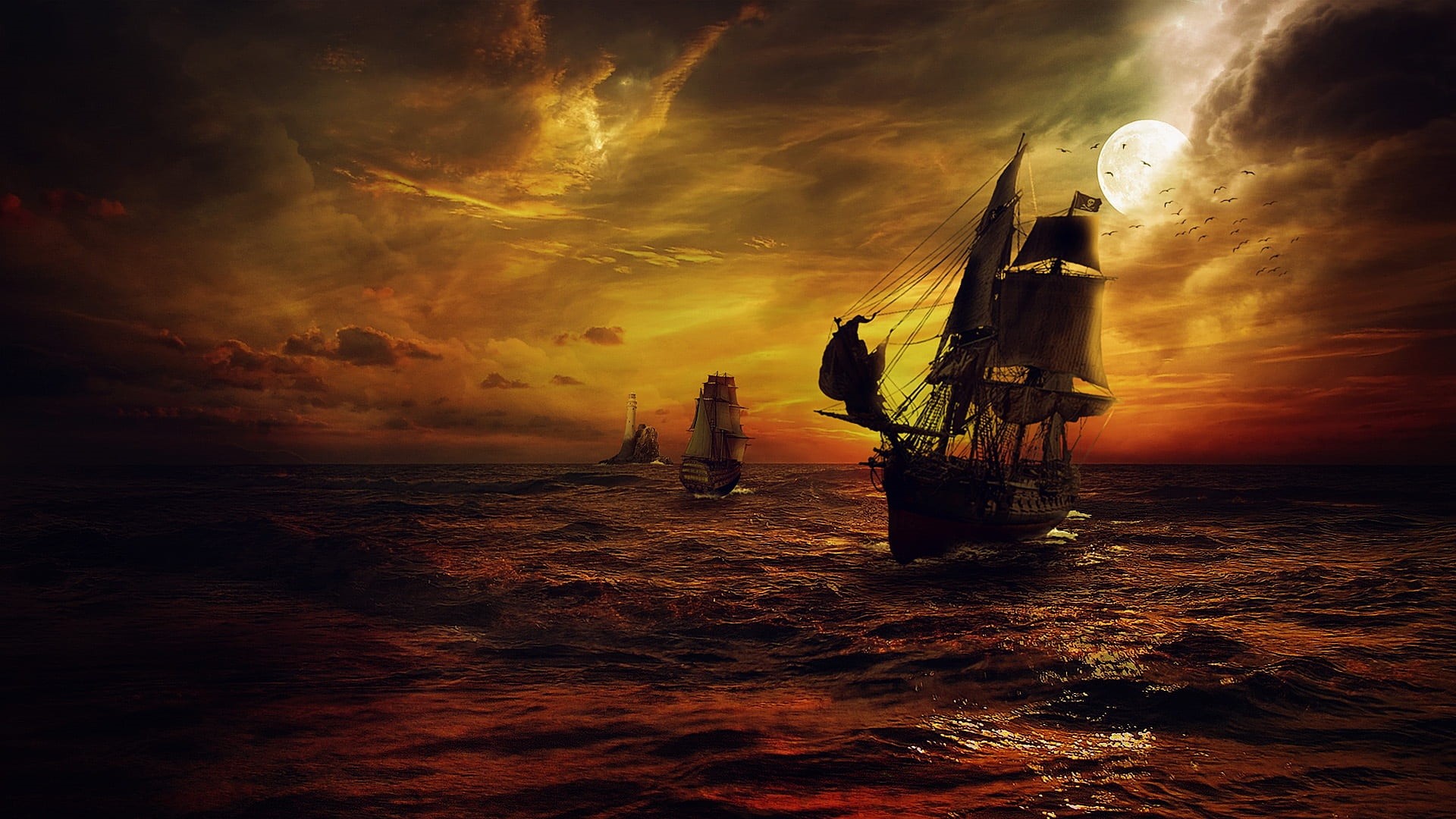 night, nautical vessel, cloud, red, moon, cloud - sky, ship, fisherman, damaged, galleon, nature, dramatic sky, storm, pirates, beauty in nature, brown, HD Wallpaper