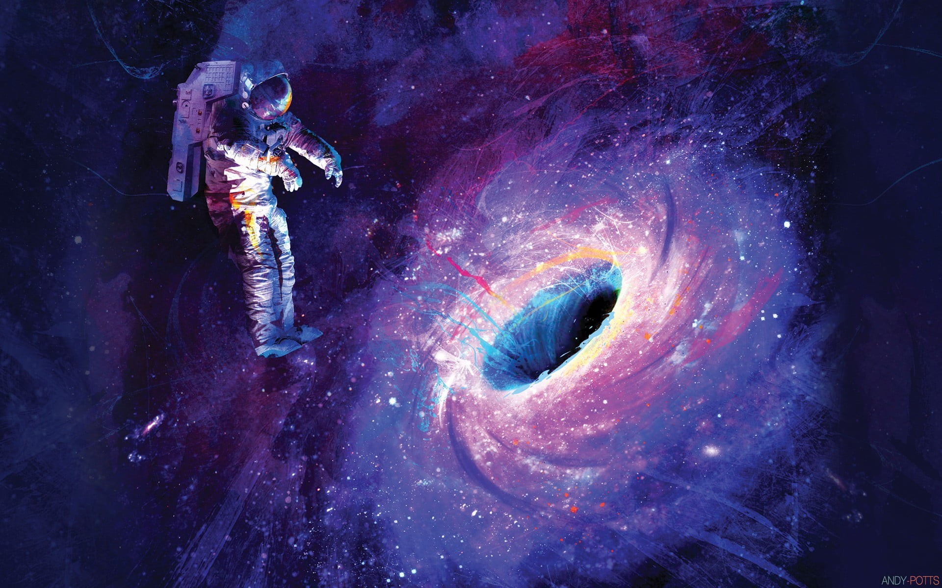 planet - space, space art, standing, painting, hole, security, floating, marine, black holes, sea life, digital composite, digital, artwork, men, stars, HD Wallpaper
