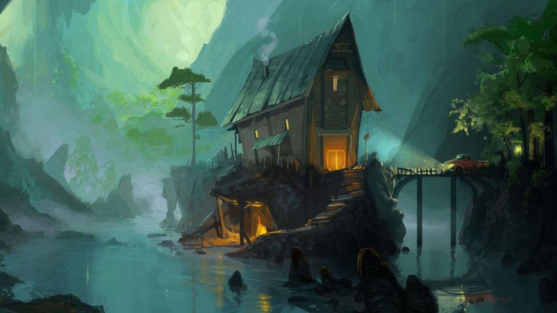 building, lights, mist, religion, dusk, stairs, no people, illustration, cliff, architecture, bridge, car, building exterior, brown, house, belief, lake, HD Wallpaper