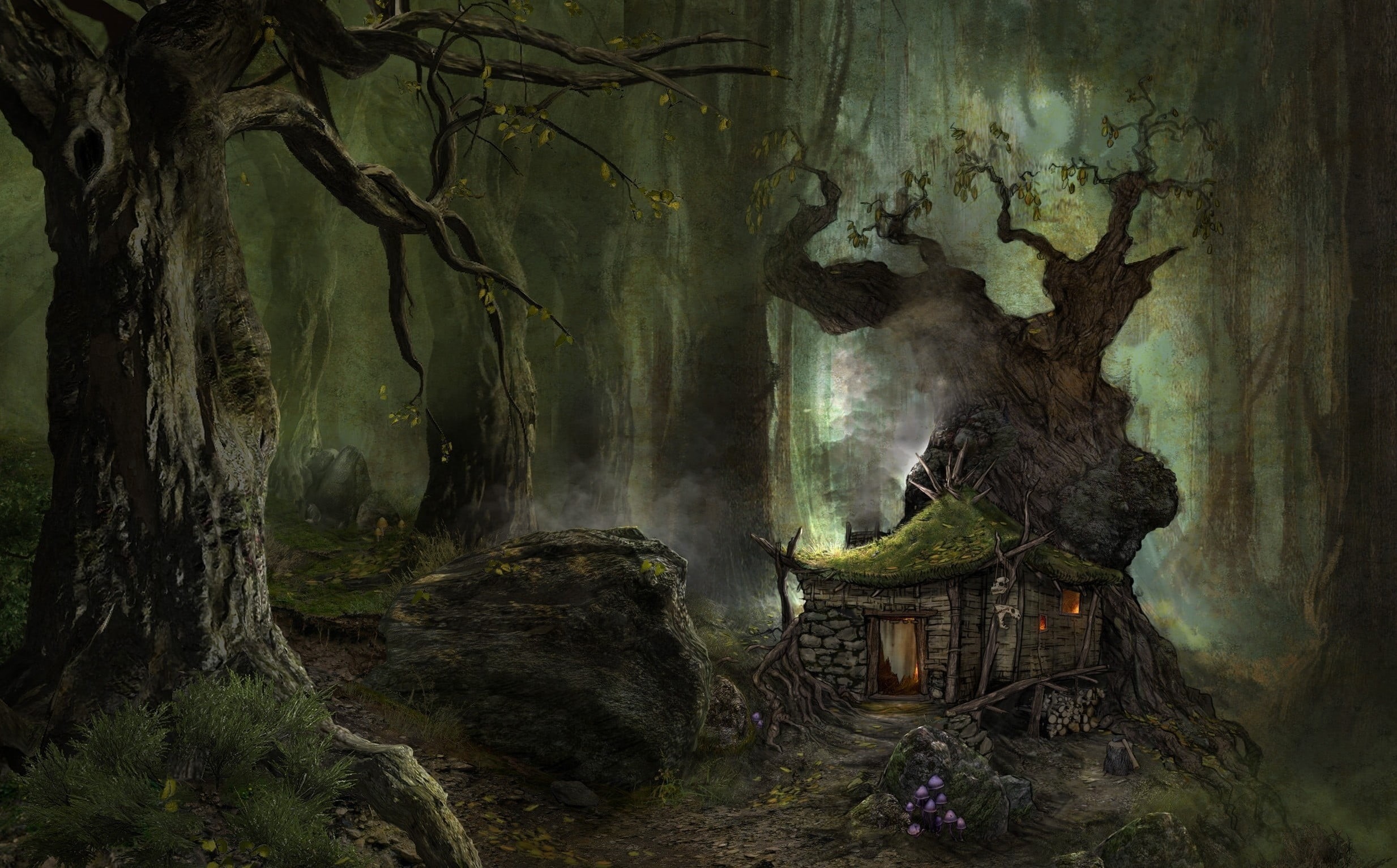 fantasy art, tree, scenics - nature, forest, outdoors, plant, illustration, fog, no people, mushroom, non-urban scene, skull, land, 1080P, tranquility, HD Wallpaper
