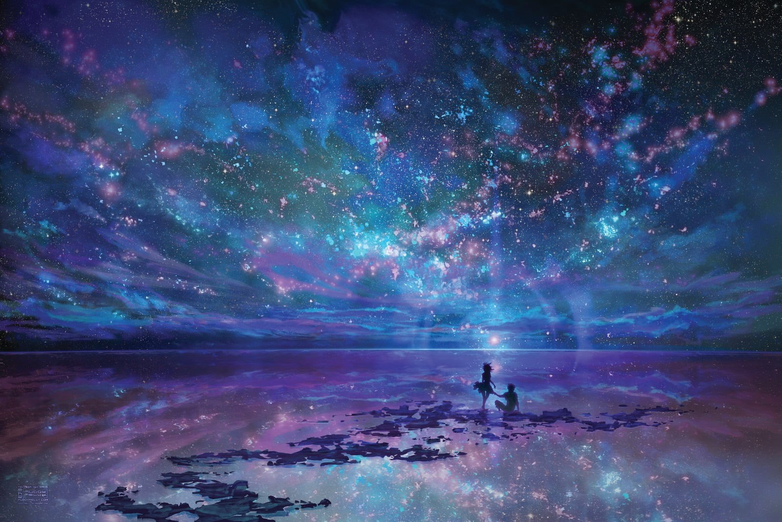 nebula, anime, sea, tranquil scene, one person, nature, space, scenics - nature, beauty in nature, sky, galaxy, night, real people, 720P, reflection, milky way, HD Wallpaper